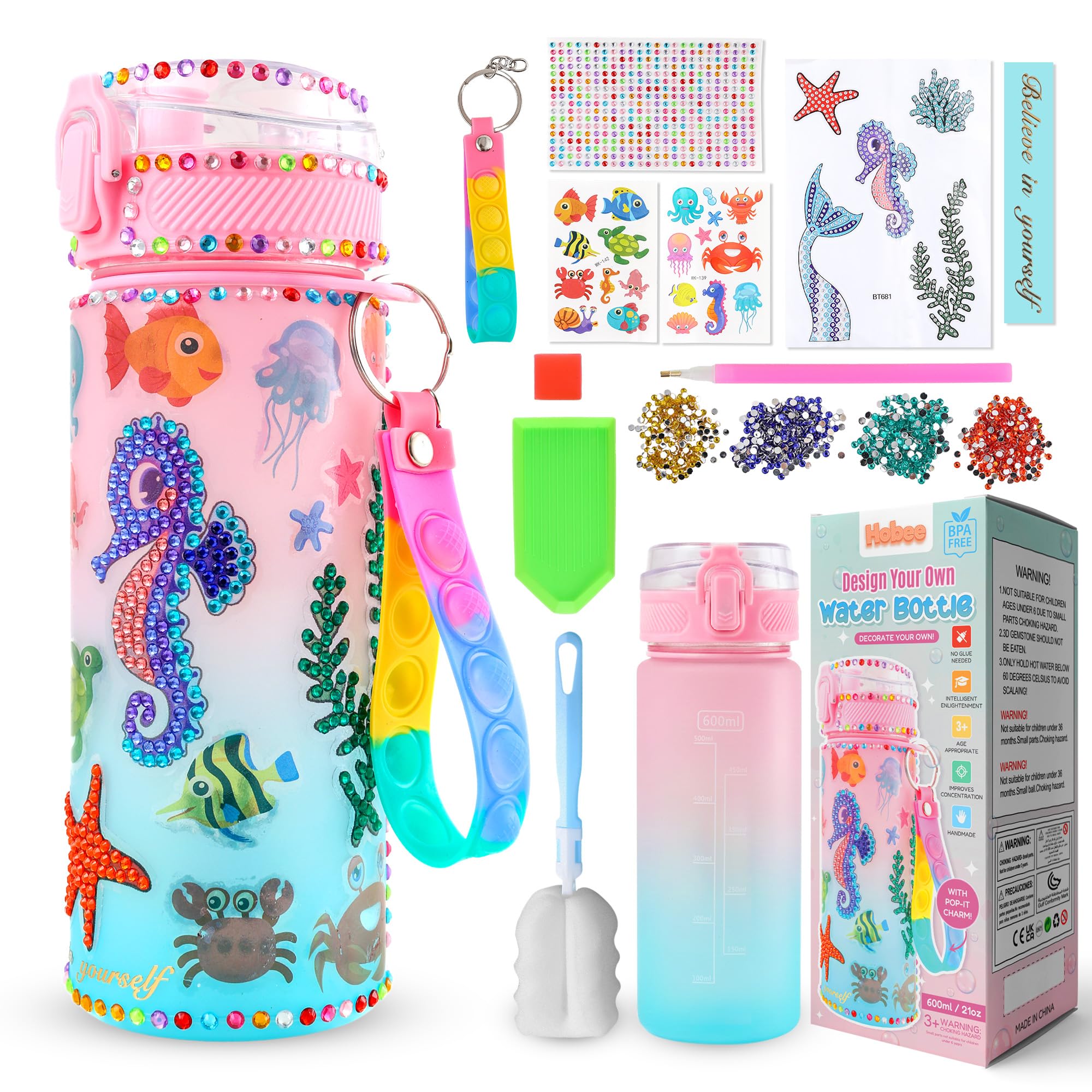 Hobee Decorate Your Own Water Bottle for Girls - Pink Mermaid Themed Arts and Crafts Kit for Kids- With Stickers and Sparkles - Crafty Girls Gifts Presents, BPA Free