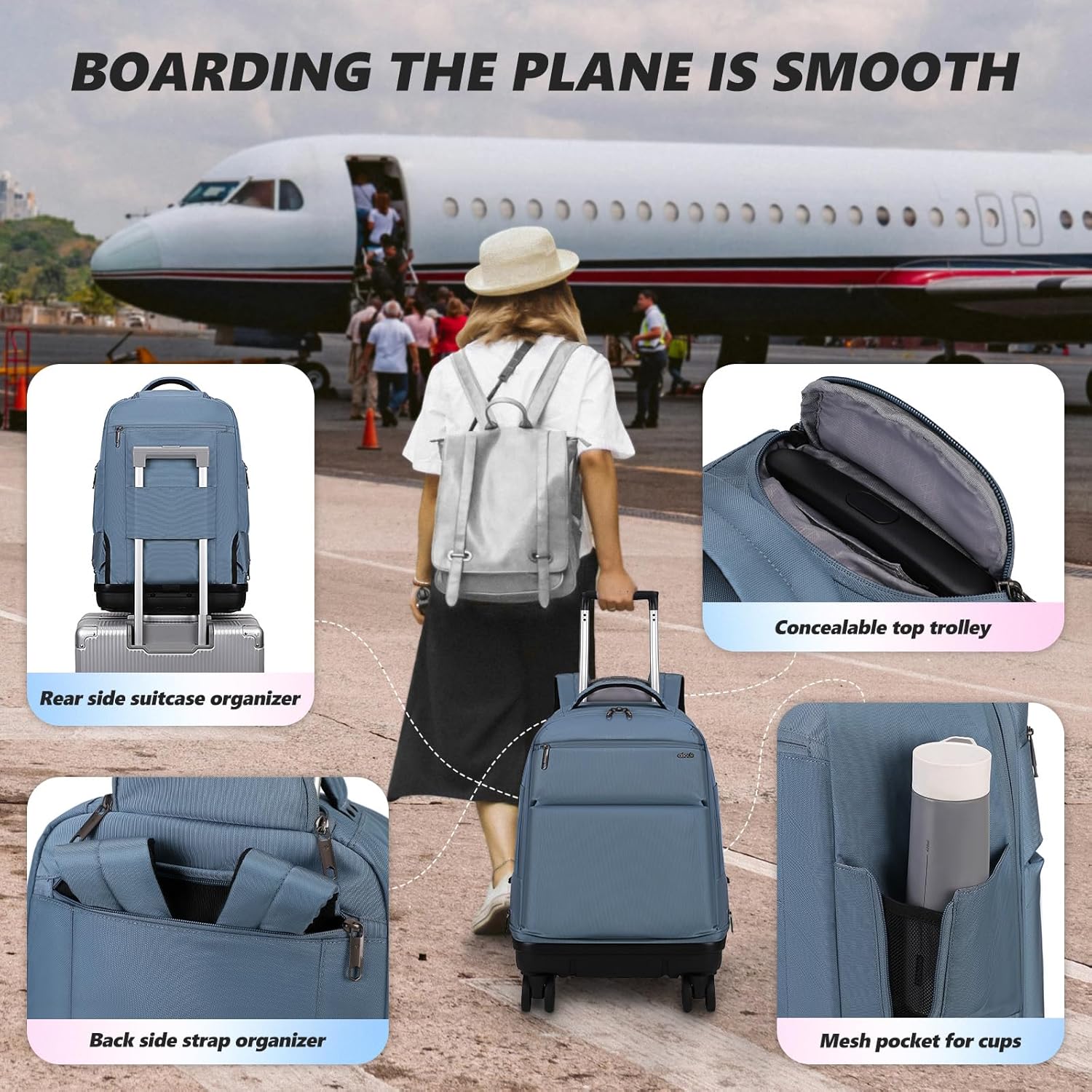 Rolling Backpack with Removable Wheels,18 inch Laptop Backpack with Wear-Resistant Chassis Carry on Travel Backpack Water Resistant Wheeled Backpacks for Women Men - Image 2