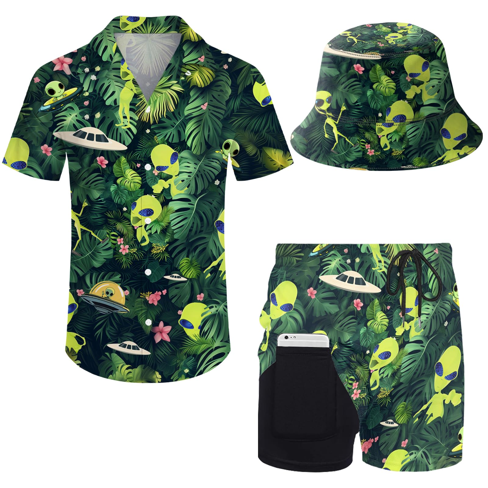 Men's Hawaiian Shirt and Shorts Set 2 Piece Beach Outfits with Bucket Hats for Beach Days and Summer Vibes