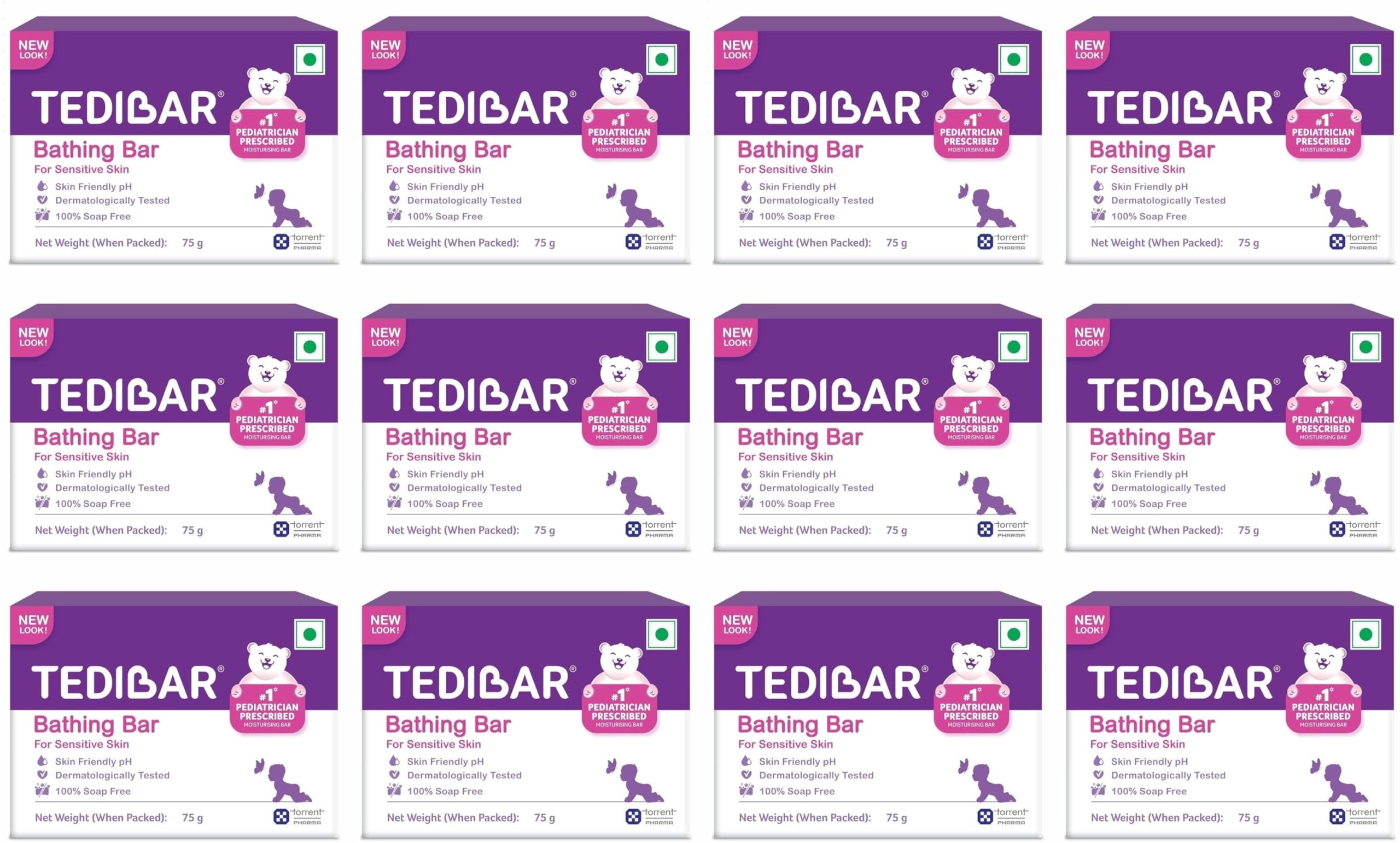 TEDIBARMoisturising Baby Bathing Bar with Skin Friendly PH|100% Soap Free|Prevents Dryness & Rashes|Dermatologically Tested 75gm x Pack of 12