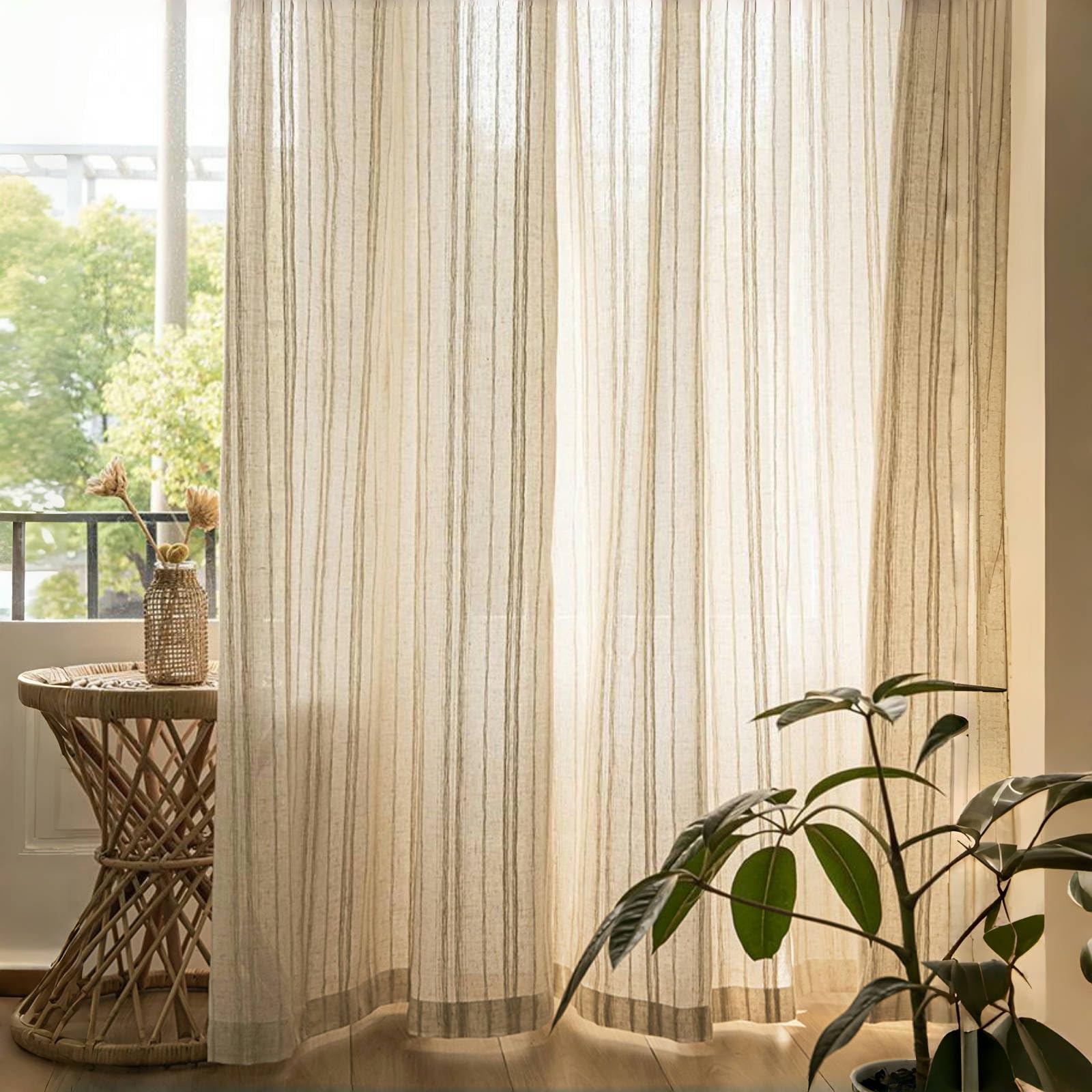 Gxi Natural Linen Sheer Curtain 94 inches Length for Living Room, Rod Pocket Beige Stripe Voile Window Drapes for Bedroom, Dining Room Voile Window Treatment, 2 Panels, 55
