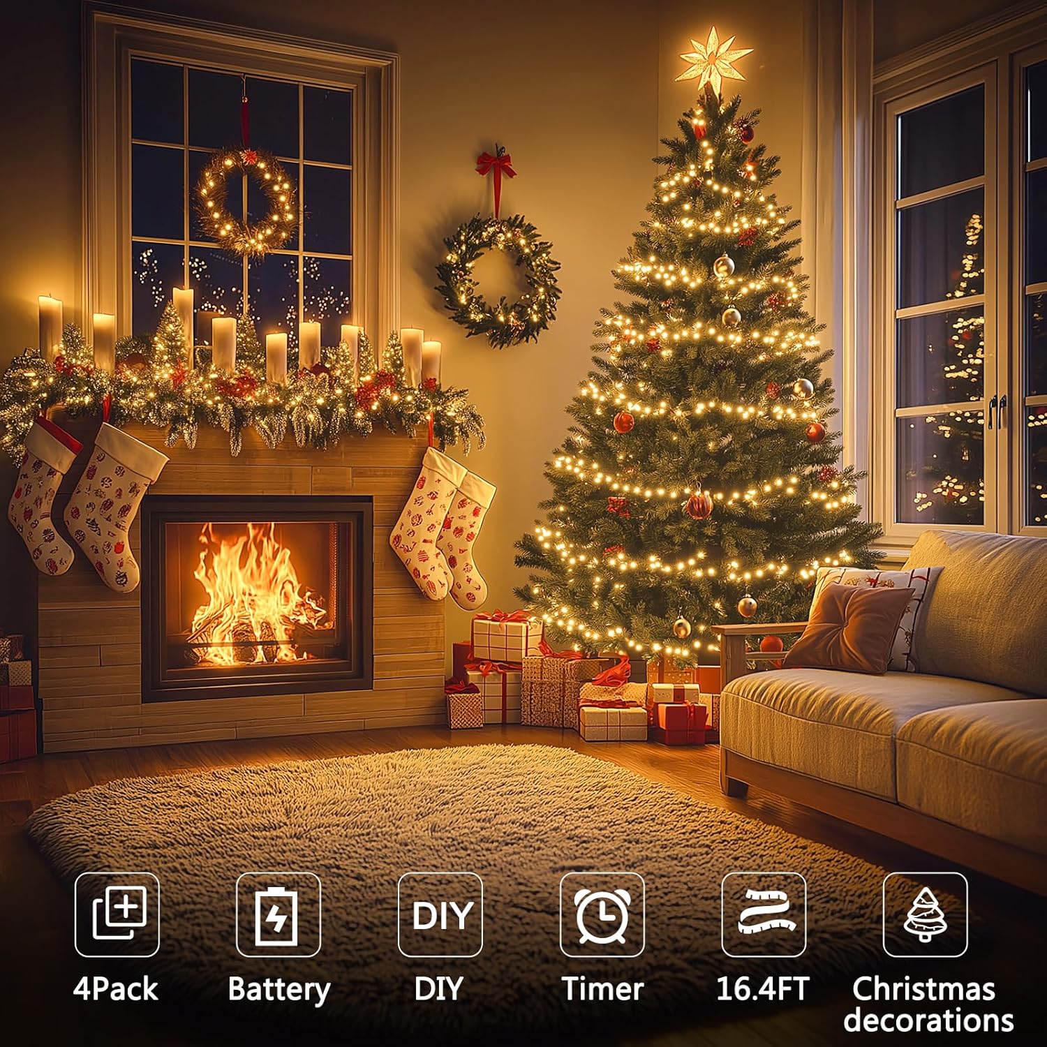 4 Pack Timer Christmas Fairy Lights Battery Operated, 16.4FT 50 LED Dark Green Wire Twinkle Lights Waterproof, Outdoor String Lights for Indoor Outdoor Bedroom Yard Decor (Warm White) - Image 3