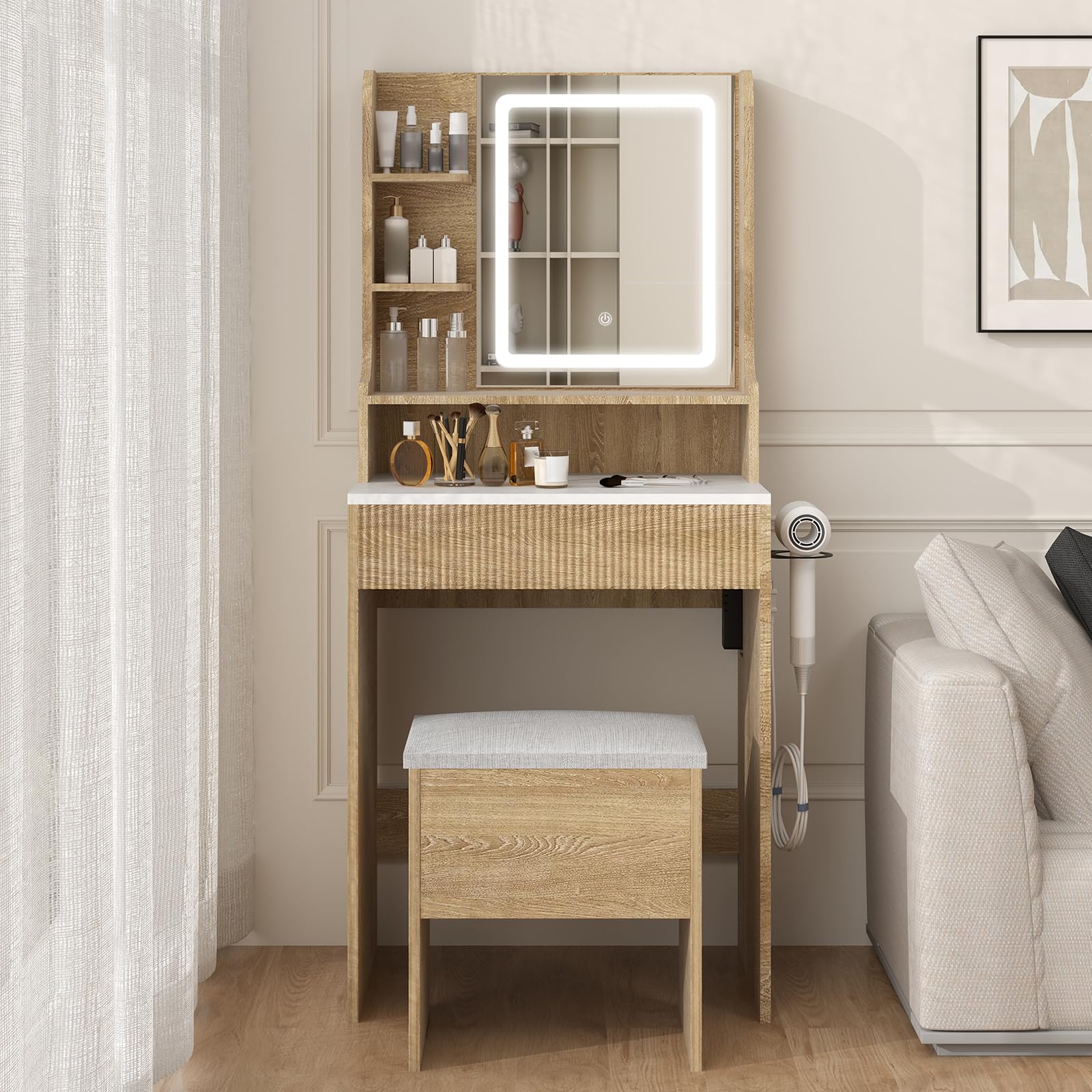 Ensemble De Coiffeuse Avec Tabouret, Table De Maquillage Avec Miroir Led 3 Couleurs Declairage Avec Luminosite Reglable Moderne Pour Chambre A Coucher Blanc Et Chene 91897222