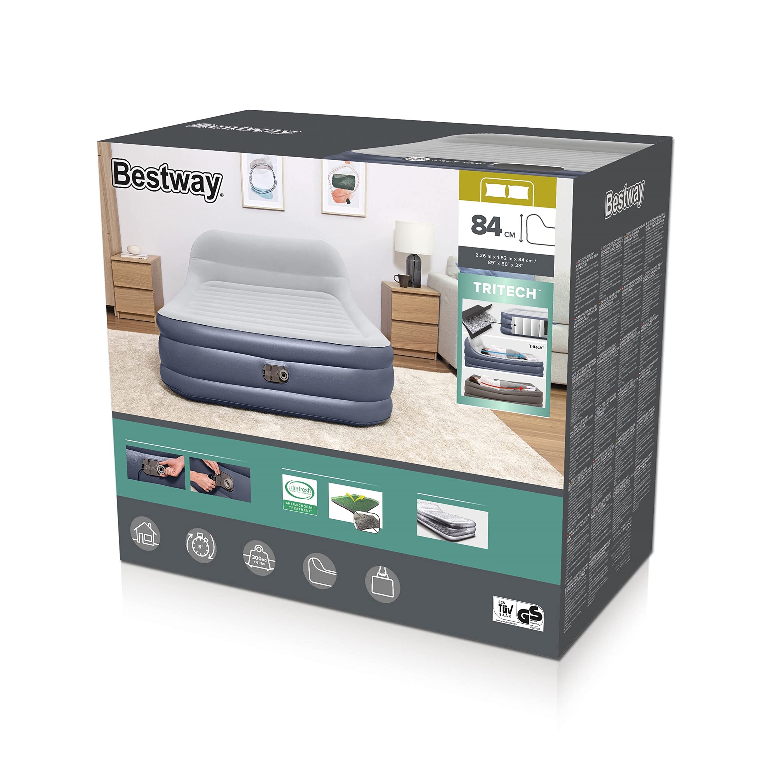 Bestway 89" x 60" x 33"/2.26m x 1.52m x 84 cm Tritech SleekFlow Headboard Air Mattress Queen Built-in AC Pump
