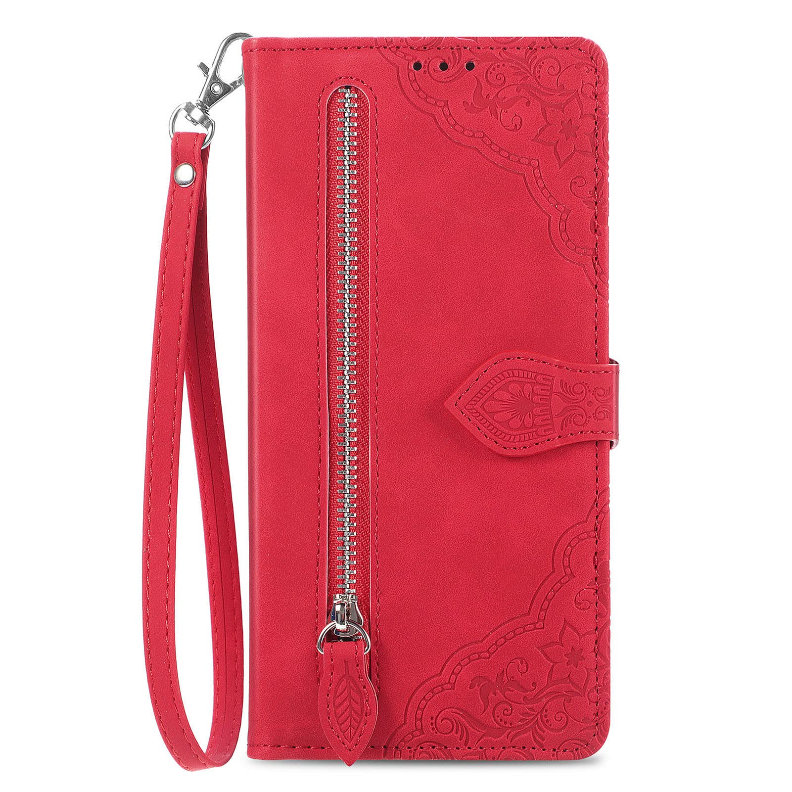 NEXCURIO Zip Wallet Case Compatible with Samsung Galaxy A23 / M23 5G / M13 4G Phone Case Wallet with Credit Card Holder Strap Stand Women Leather Flip Case Floral Folding Cover Shockproof - Red