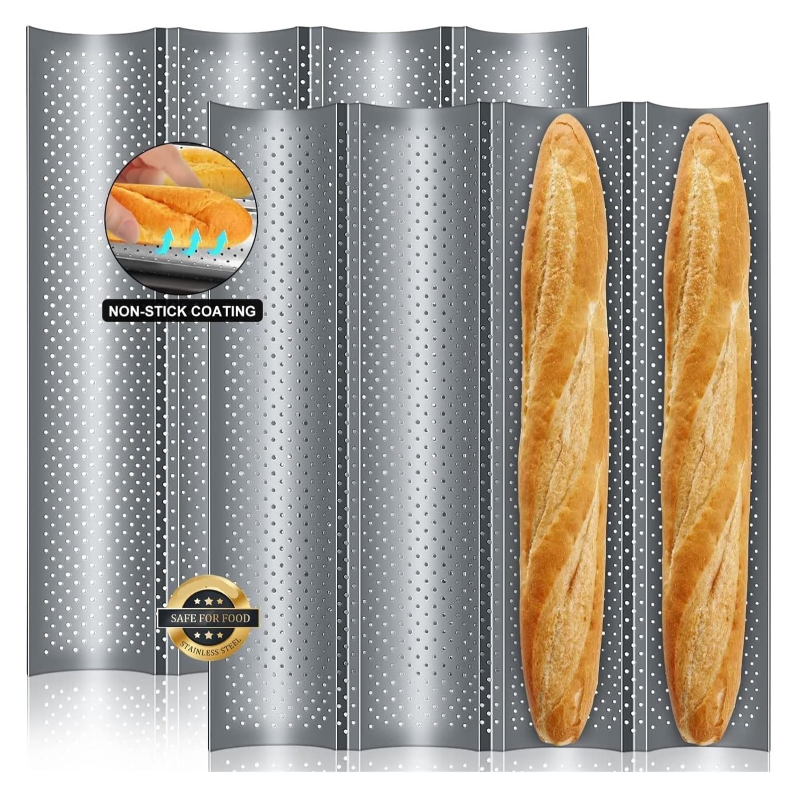 Generisch Baguette-Pfanne, französisches Brot, Backform, Backformen, Rillenwellen-Form, Kuchenofen, Backblech, Geschirr, Kochzubehör, Toaster-Werkzeug(4 Groove Silver)