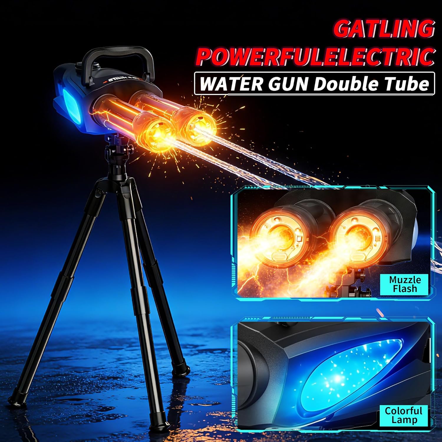 Gatling Electric Water Gun for Kids & Adults - Rotating Double Barrel Squirt Gun with Stand and LED Light, Long Range Automatic Water Guns with Backpack, Outdoor Water Blaster Pistol Pool Party Toys