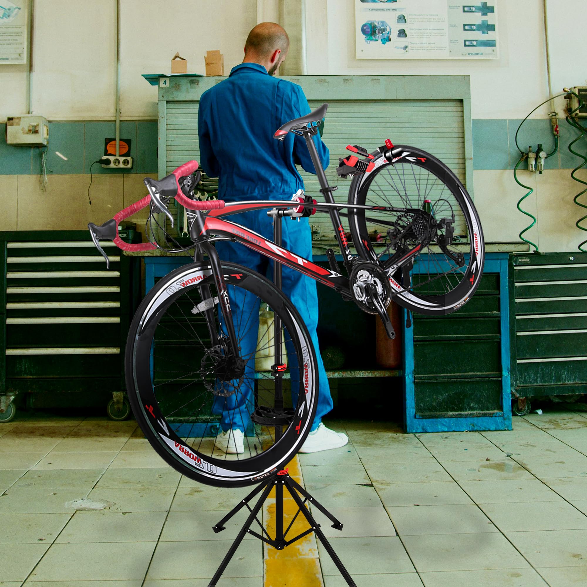 Pied d'Atelier Vélo Professionnel,Banc de Travail Réglable en Hauteur | Support de Réparation Pliable avec Plateau à Outils - Pince Pivotante à 360 Degrés - Pour la Plupart des Vélos