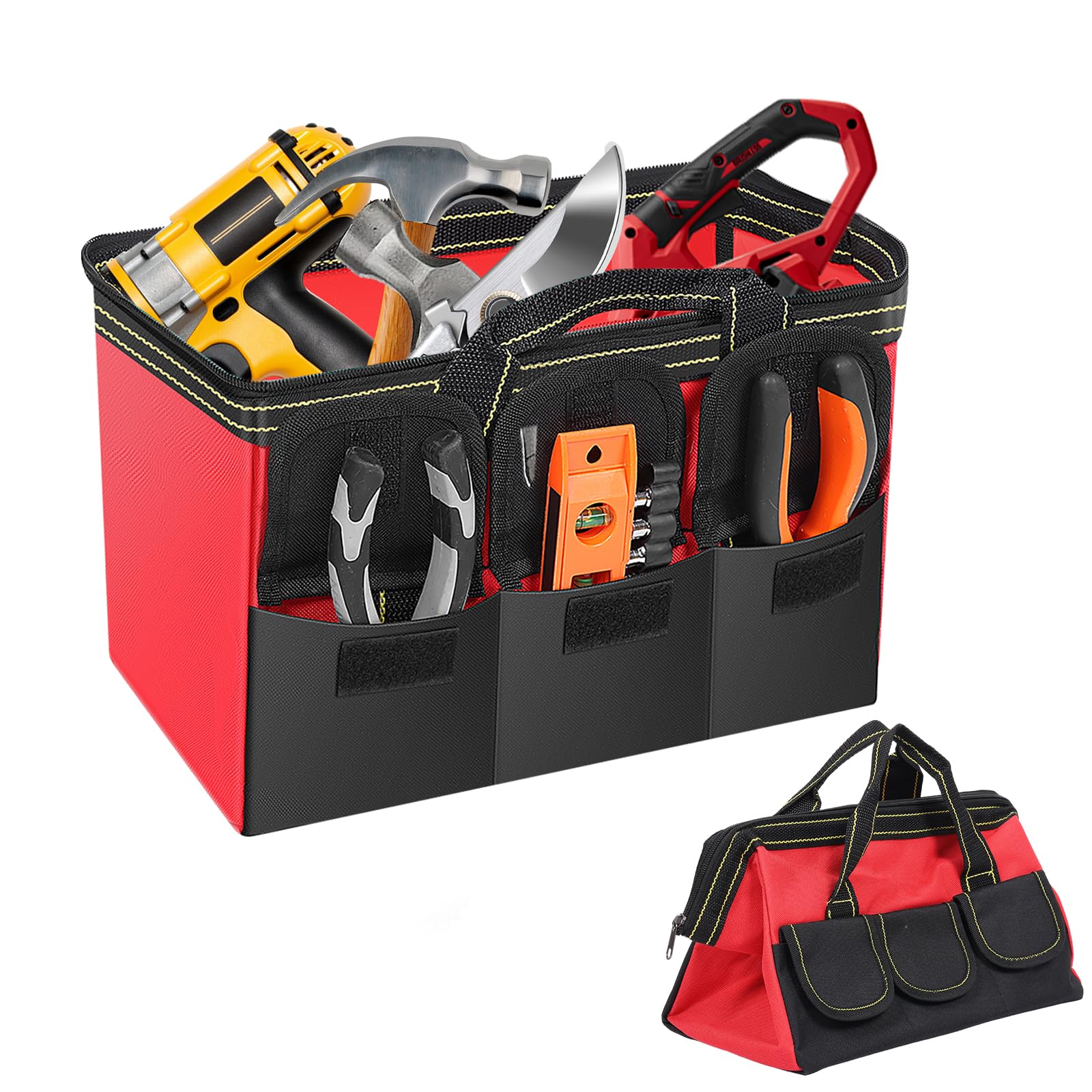 Bpyhebe Red-13 Inch Practical Tool Bag, Heavy Duty Oxford Fabric Electrician Tools Storage Bags With Solid Handles No Issues & Smoothly Zipper, Large Capacity Multiple Pockets Tool Organiser For Cars Garden Technicians