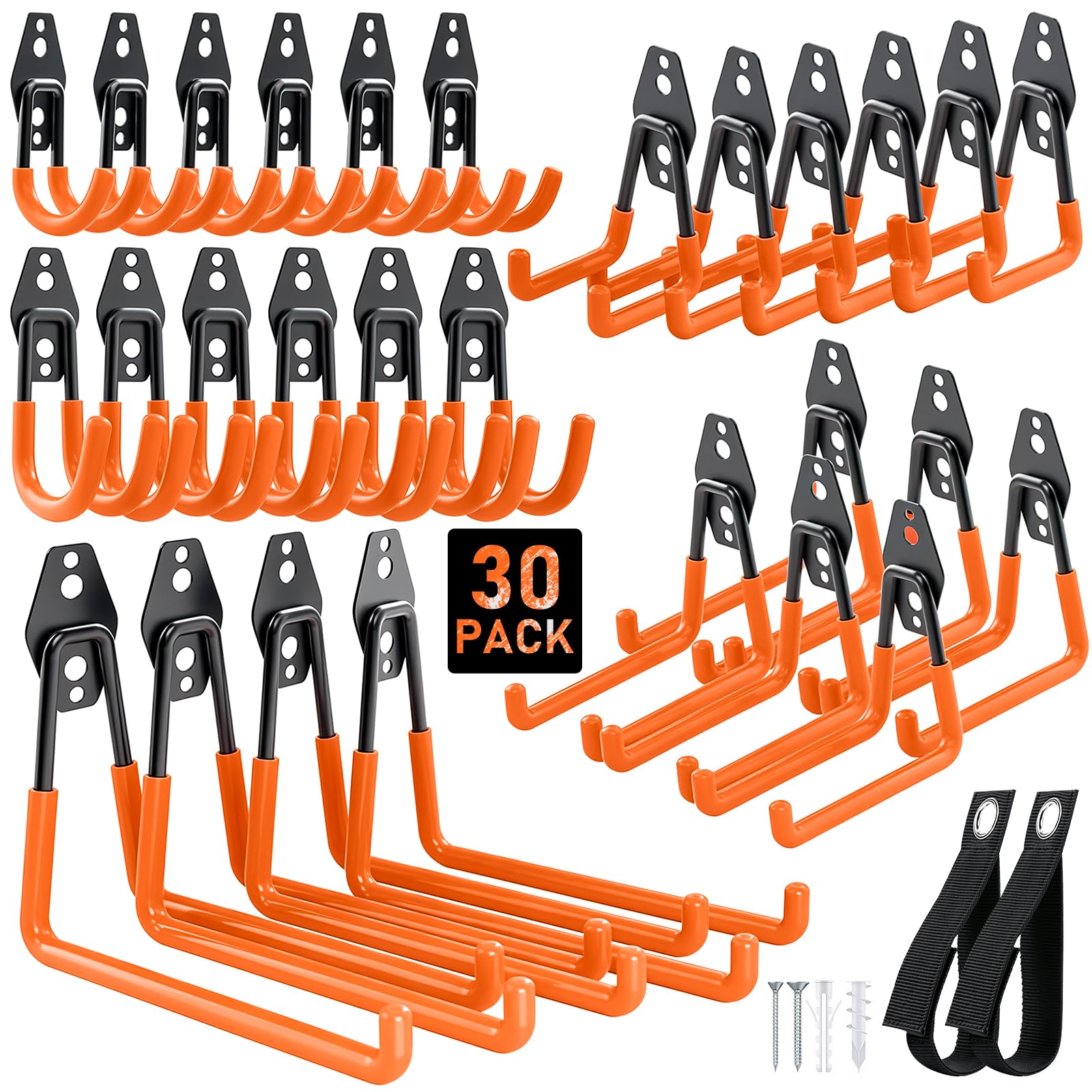 Housolution Steel Garage Hooks - 30Pack Anti-Slip Coating, Heavy Duty Wall Mount Hooks for Bikes, Garden Tools, Ladders, Hose, Bulk Items Ropes, Garage Tool Organizer with Extension Cord Wrap, Orange