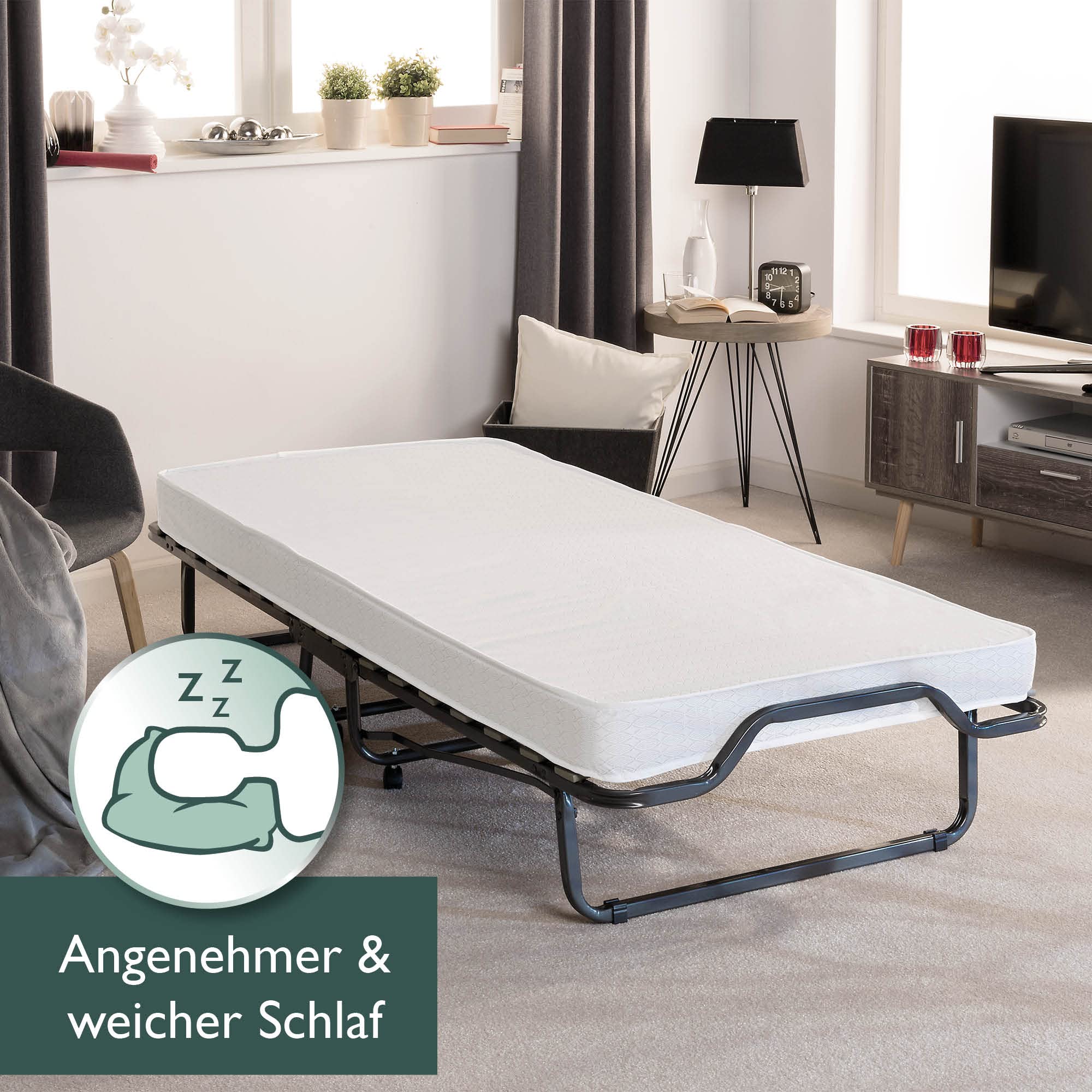 Beautissu Gästebett klappbar 90x200 cm – langlebiges & faltbares Reisebett inkl Schutzhülle & 10,5 cm Dicker Schaumstoff Matratze - Klappbett ohne Aufbau - Stabiler Stahlrahmen & 4 Laufrollen Venetia