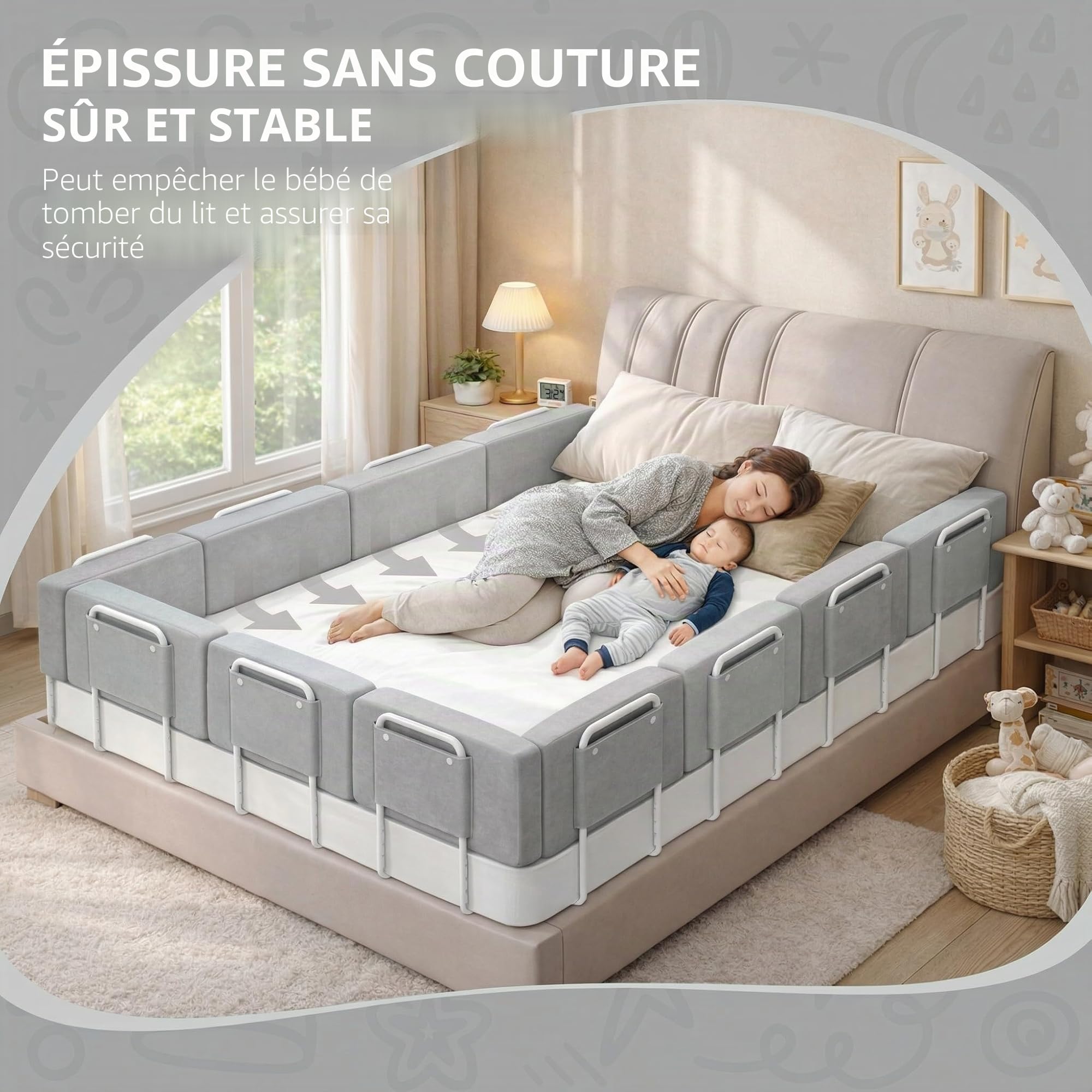 Barrière de Lit Bébé Rembourrée 60 Cm, Protection Anti-Chute pour Enfant, Barrière de Sécurité Douce en Tissu, Garde-Corps de Lit Stable et Confortable pour Bébé et Tout-Petits, Gris