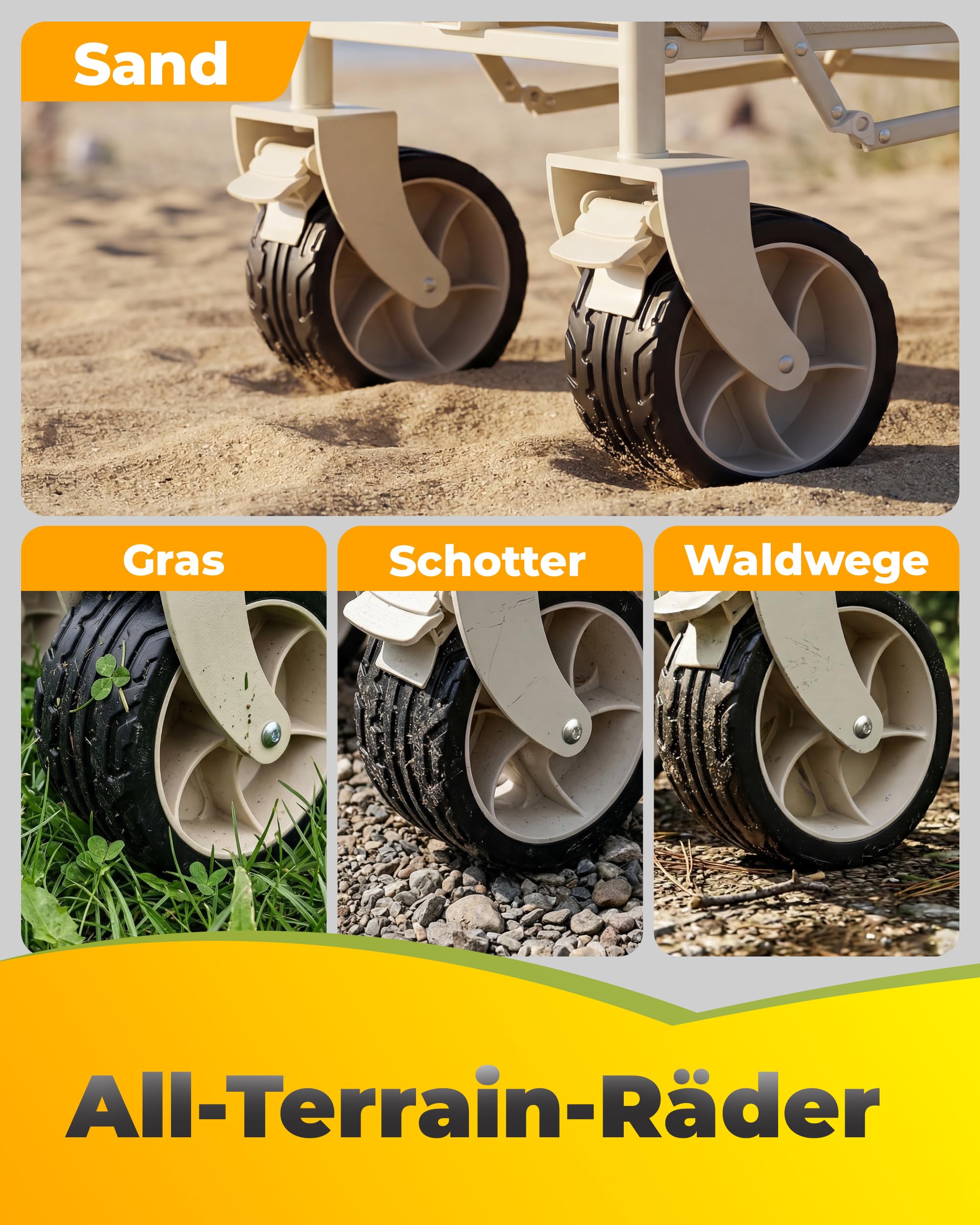 Join Nature 3-in-1 Bollerwagen Faltbar mit Camping-Tischplatte & Sonnendach, Faltbarer Bollerwagen 160L, Breite Reifen Strandwagen Klappbar für Alle Gelände Camping, Hunde, Strand, Transport