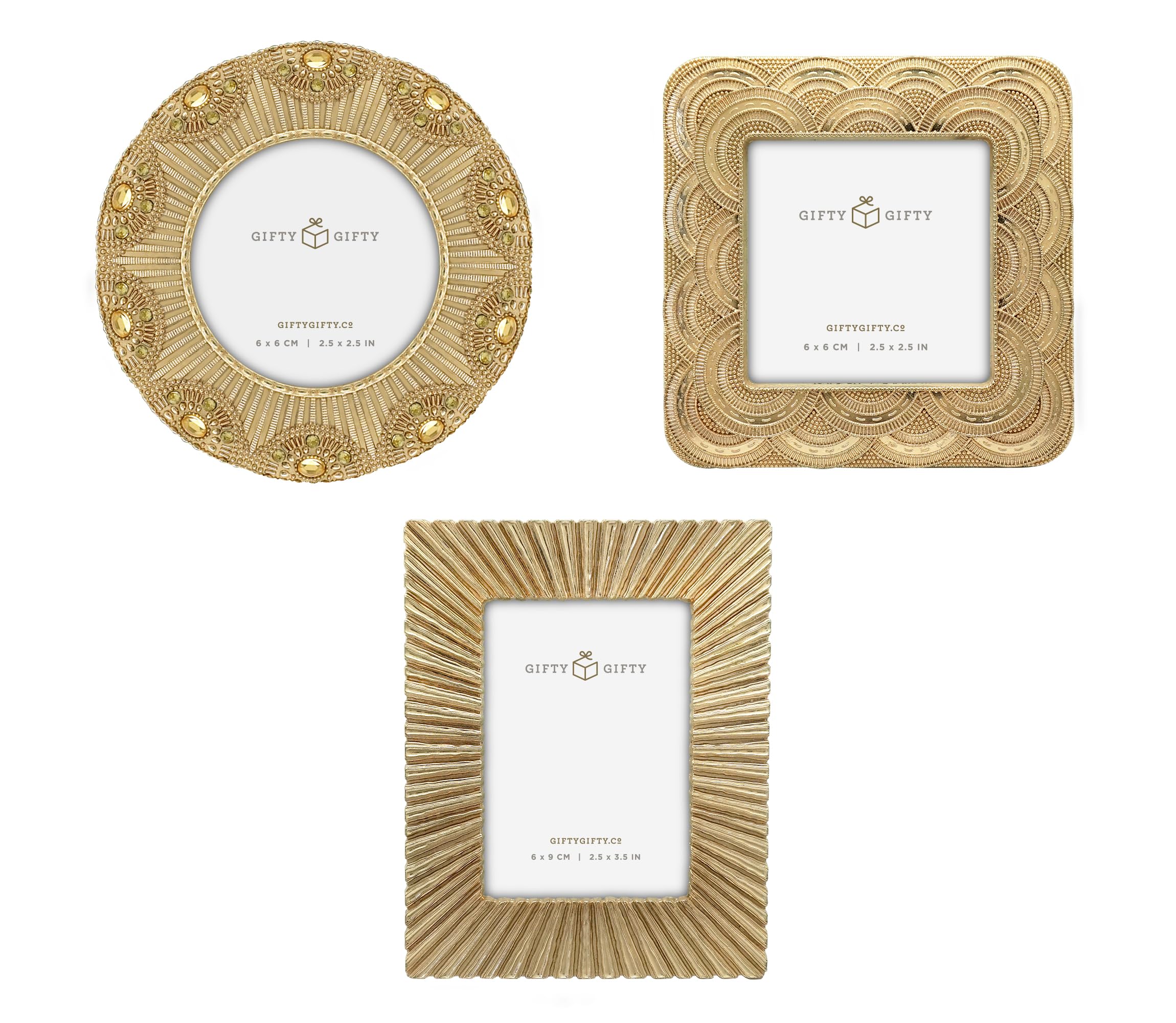 Classic Gold 1920s Mini Frame Set/Set of 3/2.5x2.5 & 2.5x3.5 In | For Tabletop Display | Perfect for Home Decor, Wedding, Graduation, Or Milestone Photos