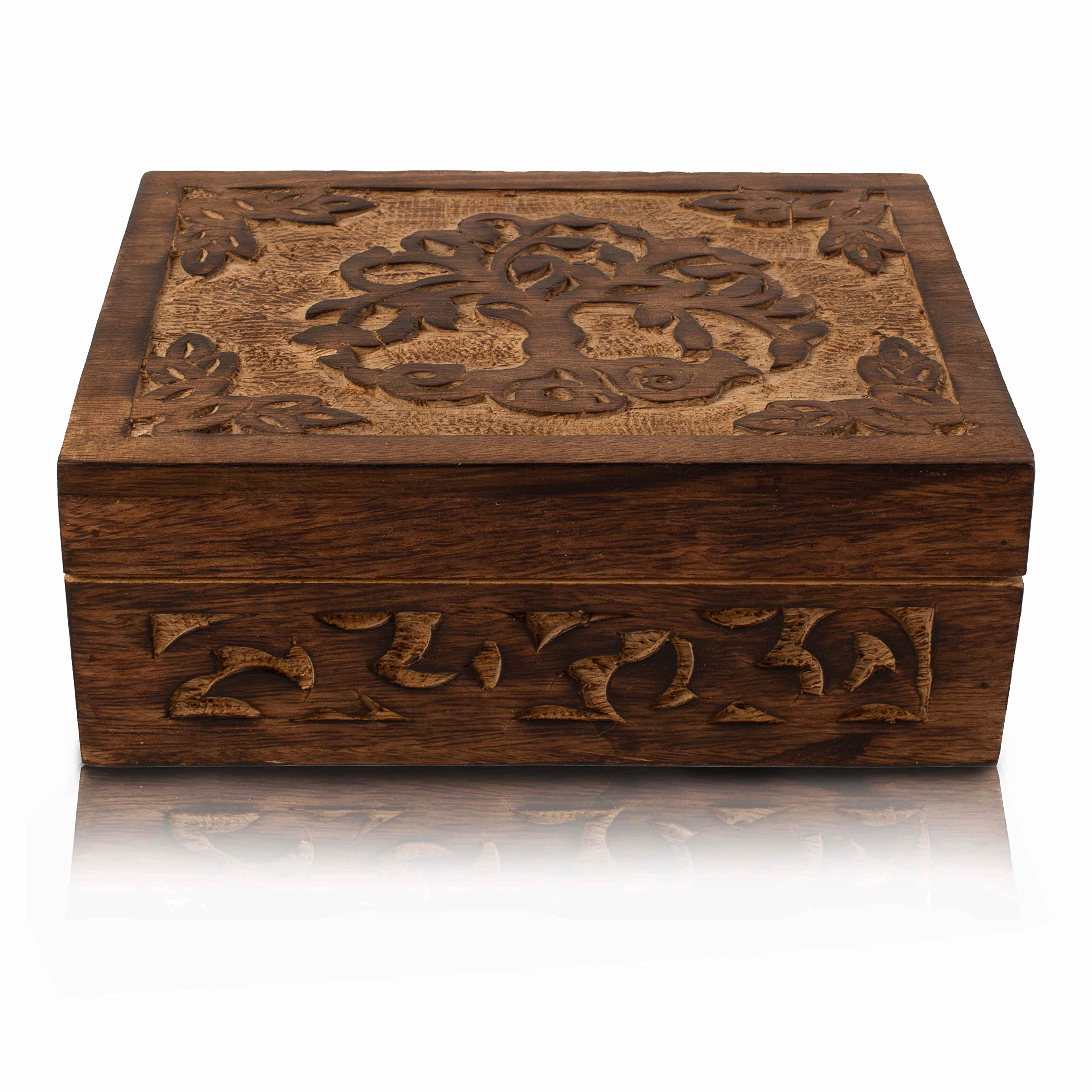 Handmade Wooden Jewelry Box With Tree Of Life Carving - 9x6x6 Inches, Antique Finish Organizer