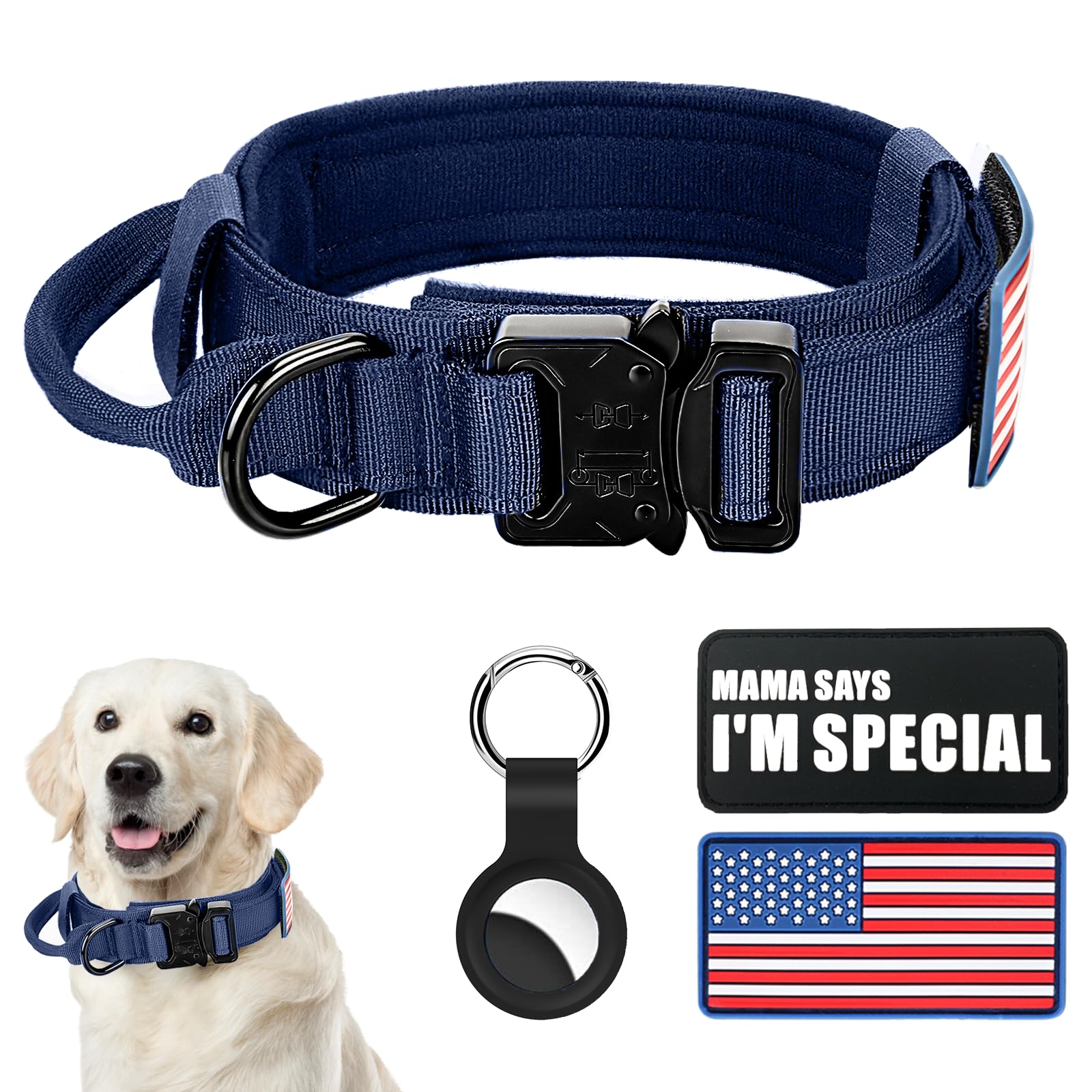 Tactical Military Collar - Adjustable Nylon, Heavy Duty Metal Buckle with Handle for Dog Training, with Patches (Blue, M)