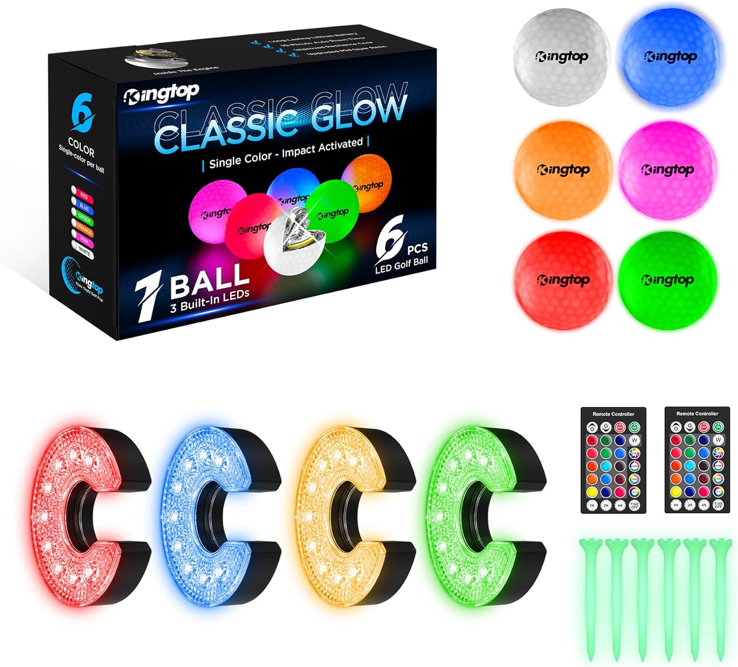 KINGTOP 4-Pack Rechargeable Golf Hole Light and 6 Glow in The Dark Golf Balls Bundle, Great for Night Golf, Backyard Putting, Chipping Practice, Golf Parties