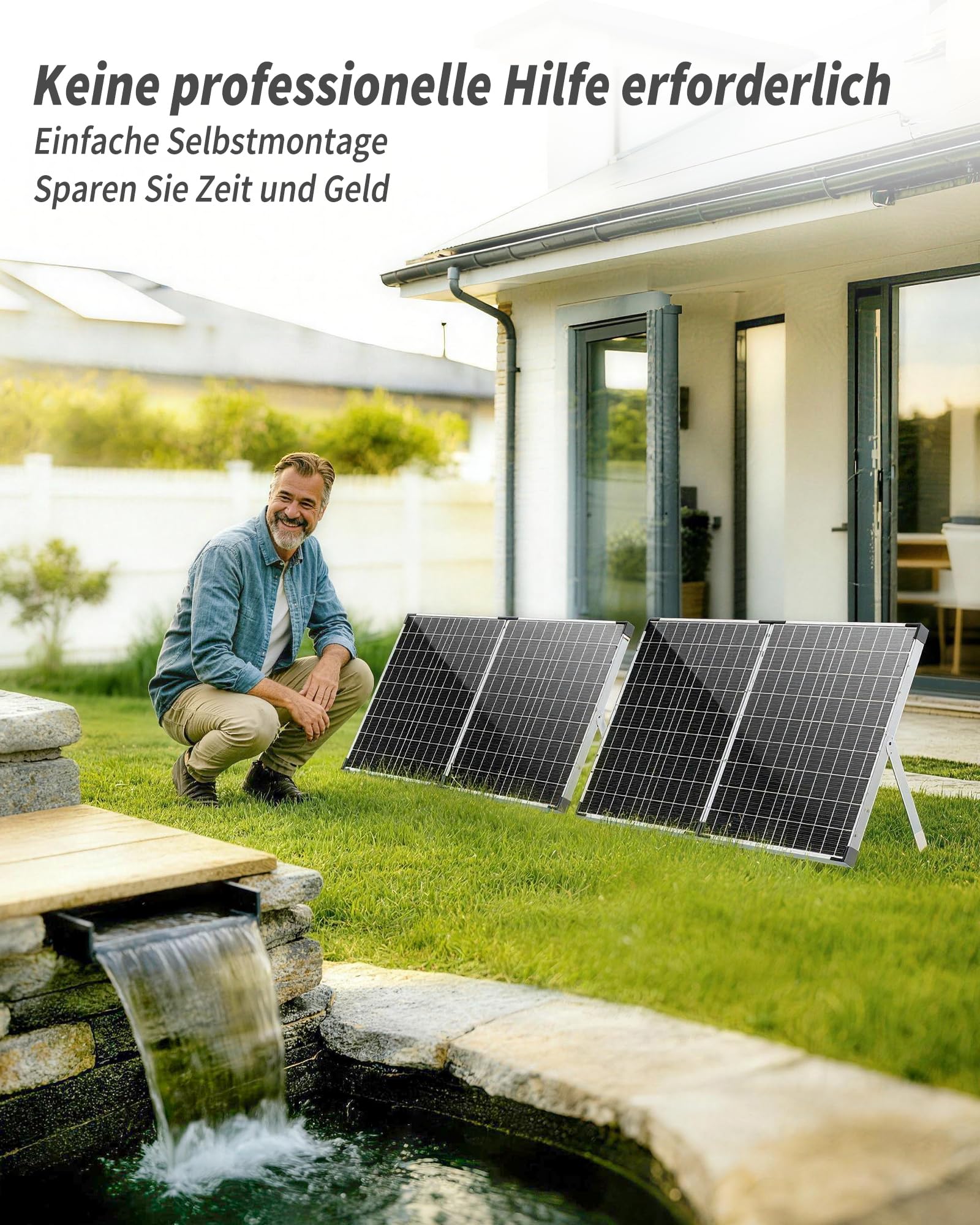POPOSOAP Cascada Solar para Estanque con Panel Solar de 100W y Bomba de 4500 L/h, Tubo Corrugado de 3m, Material Filtrante, Cascada para Estanque de Jardín Exterior, Arroyos