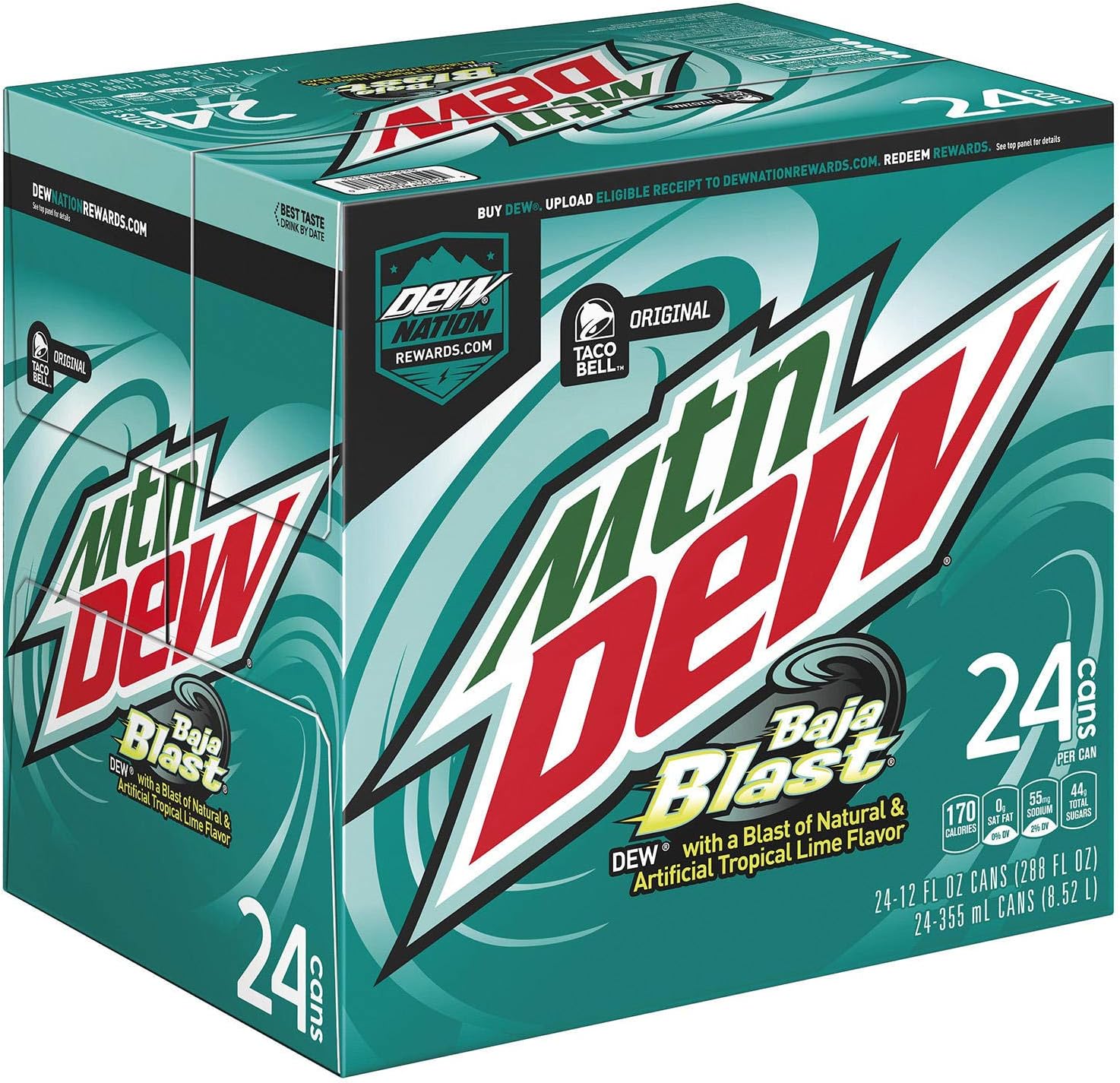Mountain Dew Baja Blast, 24 Pack of 12 fl oz Cans, Tropical Lime with a hint of Fruit, Limited Edition