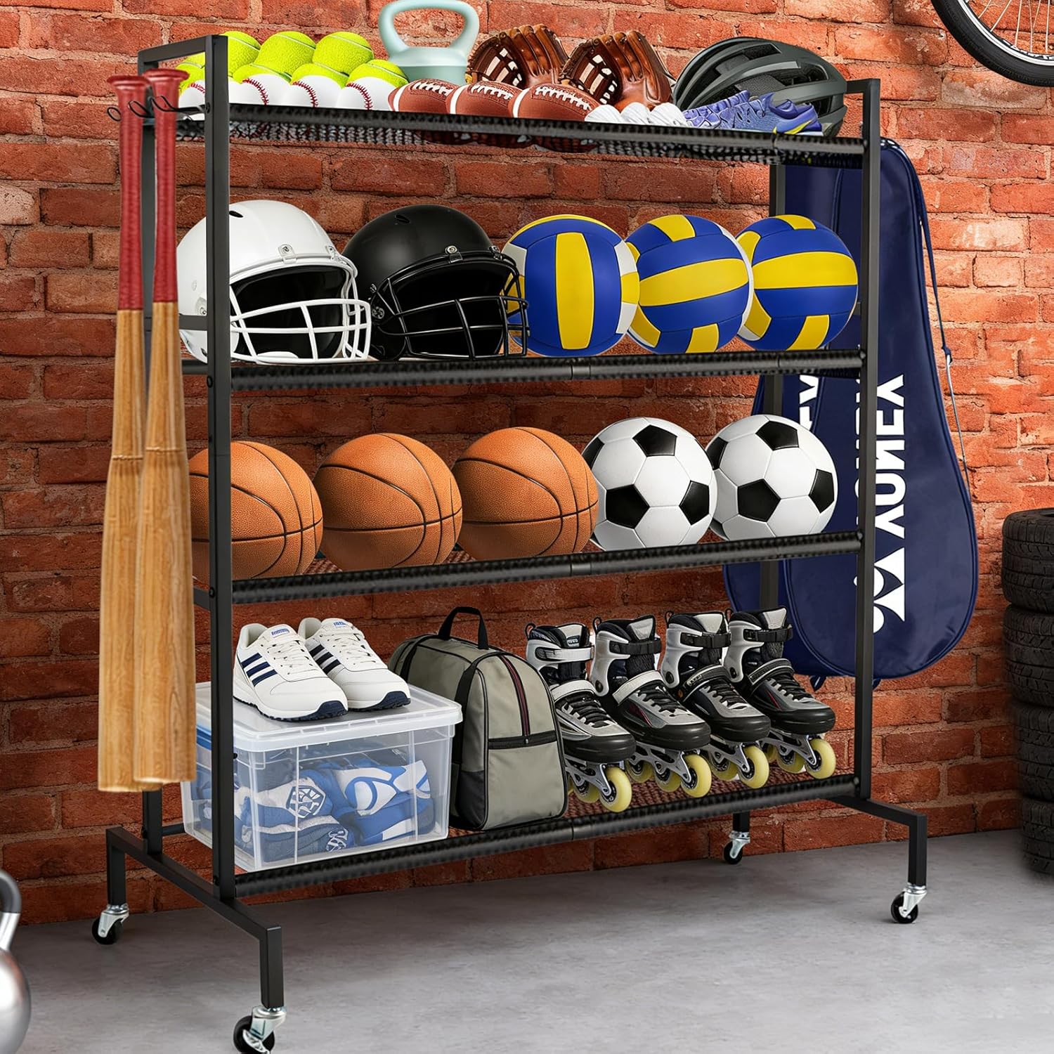 Garage Balls Storage Rack with Baseball Bat Hooks & Baskets, Basketball Holder Stand Rolling Ball Cart with Wheels, Garage Sports Equipment Organizer, Basketball Racks for Balls, Garages Organizer