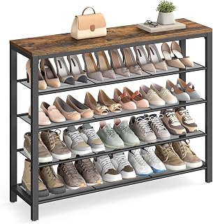 VASAGLE 5-Tier Shoe Rack Organizer - 4 Metal Mesh Shelves for 16-20 Pairs, Rustic Brown Top for Bags, Entryway Hallway Storage ULBS15BX