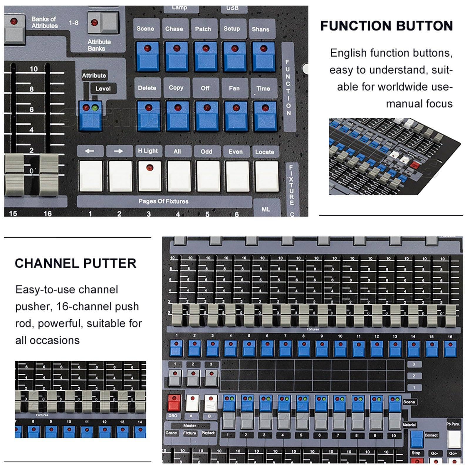 DMX-Controller, 1024-Kanal-Bühnenlichtkonsole, DMX 512 DJ-Equipment, englischer Dimmer für RGB-, CMYK-, Farb- und GOBO-Grafiken