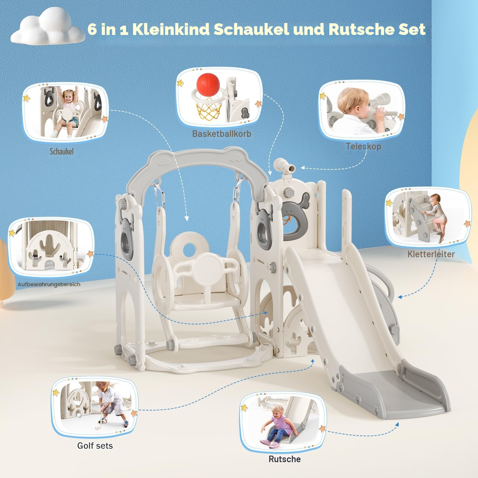 6-in-1 Kinder Rutsche Indoor/Outdoor,Montessori Spielzeugset mit Klettergerüst,Basketballkorb,Krabbeltunnel & Teleskop, Sicherheitsgetestet HDPE Kunststoff für Kinder ab 1 Jahr(Beige-grau)