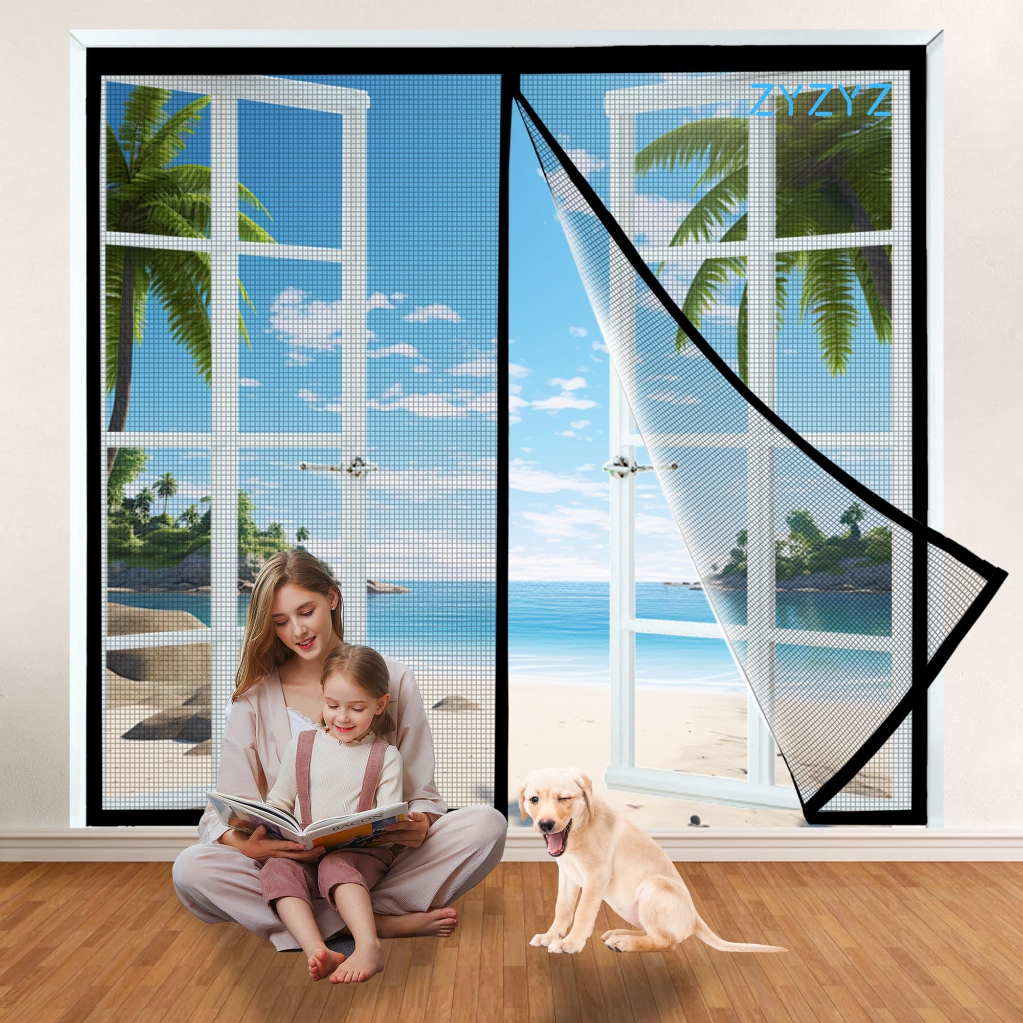 Magnetic Window Fly Insect Screen Curtain 150x235cm Black Adjustable Magnetic Flyscreen Net with Block Closure, Easy Installation for All Doors, Bug-Free Net Flies/Mosquito