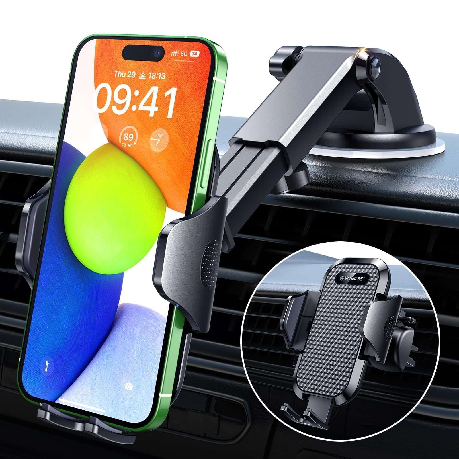 VANMASS 2024 Best Military-Grade Phone Holders for Your Car 65+LBS Strongest Suction & Clip Ultimate Cell Phone Mount Dashboard Window Vent for iPhone 15 Pro Max 14 13 12 Samsung Android Truck