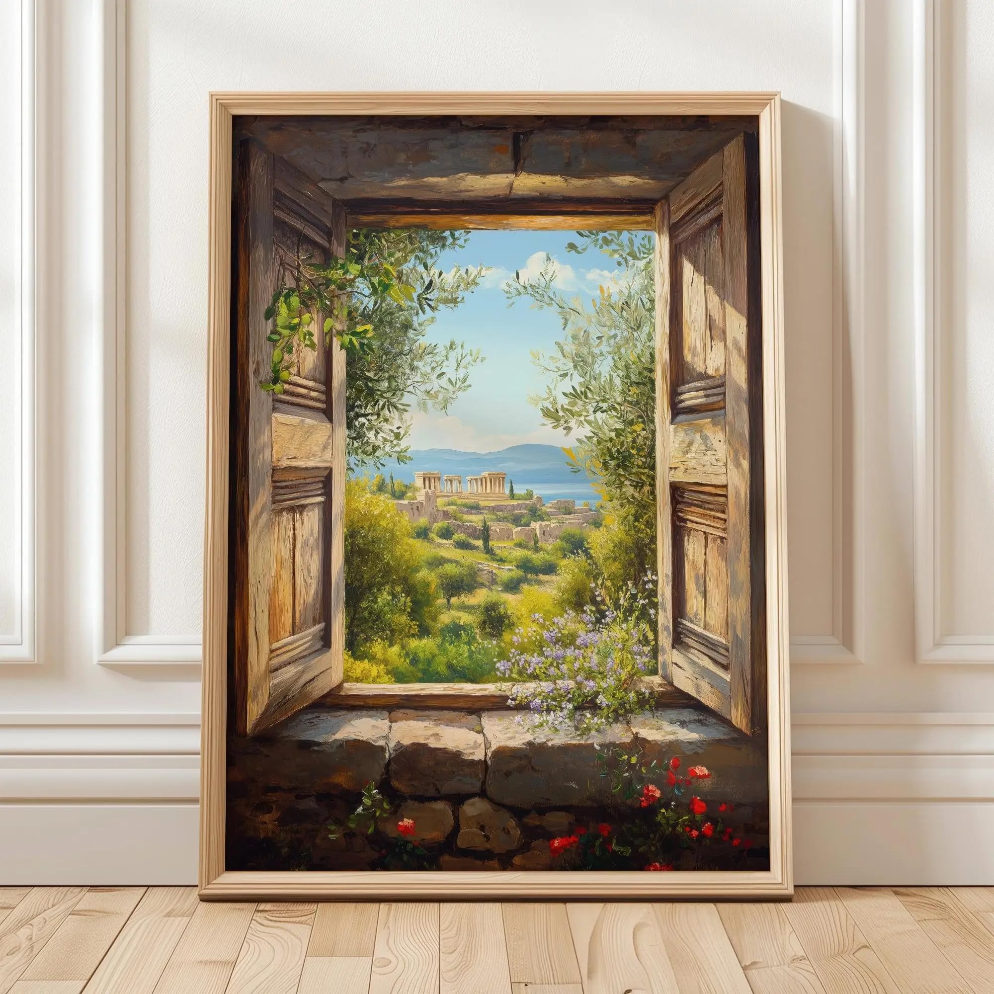 GOSRD Canvas Prints Poster Painting Greek Window View Art Ancient Temple Landscape Mediterranean Print Rustic Greece Scene(30x45cm)