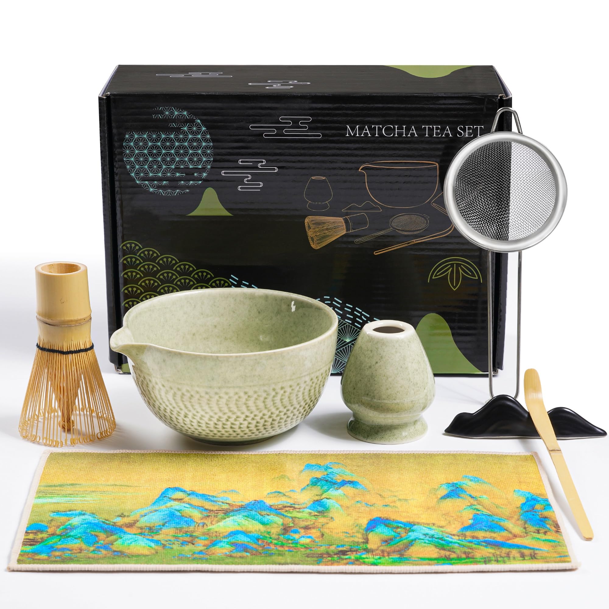 Set Matcha - 7 Pezzi Kit Cerimonia Completo con Frusta Matcha in Bambù Cucchiaio, Colino, Ciotola, Strofinaccio, Portacucchiaio e Supporto per Frusta - per Regalo Del Compleanno e Natale