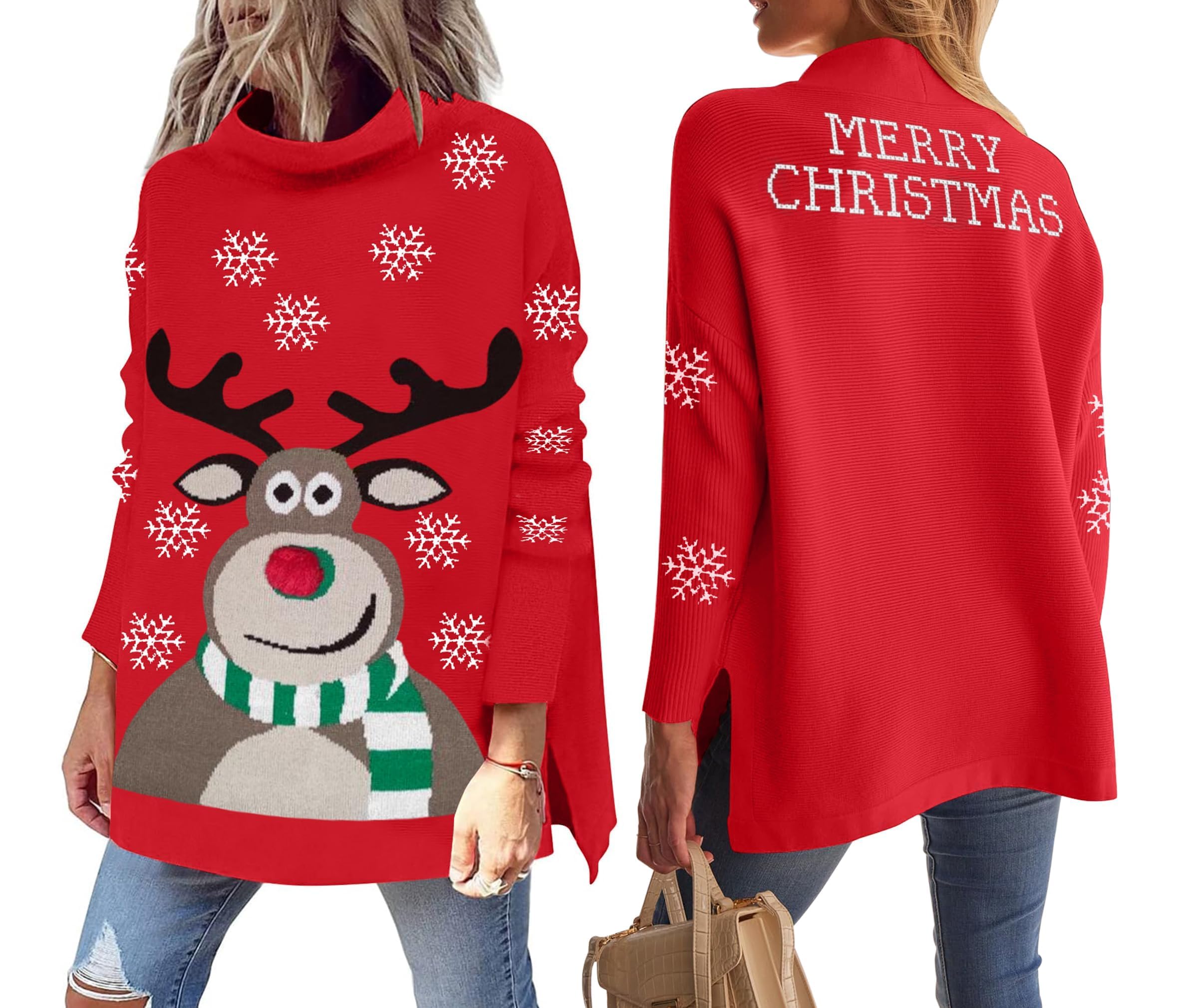 VVNTY Pull de Noël pour femme avec inscription « Merry Christmas » - Col roulé - Manches longues