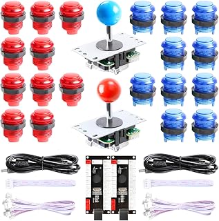 Hikig New Updated Version 2-Player DIY Kit - 2X Zero Delay LED USB Encoder + 2X Arcade Joystick + 20 LED Arcade Buttons for MAME, PC, Windows, Raspberry Pi, Arcade1Up (Red & Blue Kit)