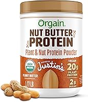 Orgain x Justin's Organic Vegan Peanut Butter Protein Powder - 20g Plant Protein, 2g Sugar, Gluten-Free, 1.17lb