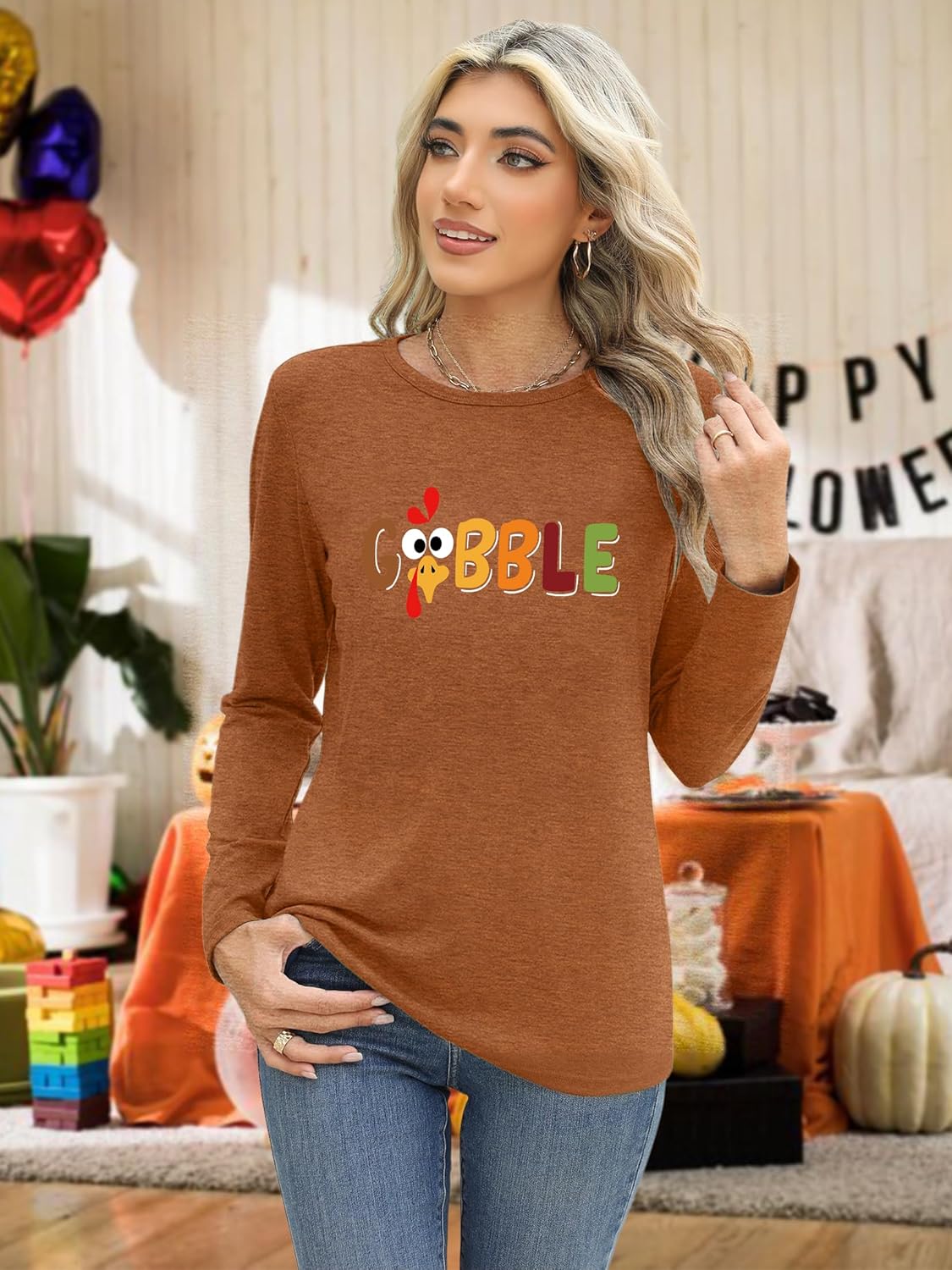 Thanksgiving Shirts for Women: Thankful Letter Printed Long Sleeve Shirt Thankful Greatful Blessed Shirts Fall Pumpkin Tops - Image 4