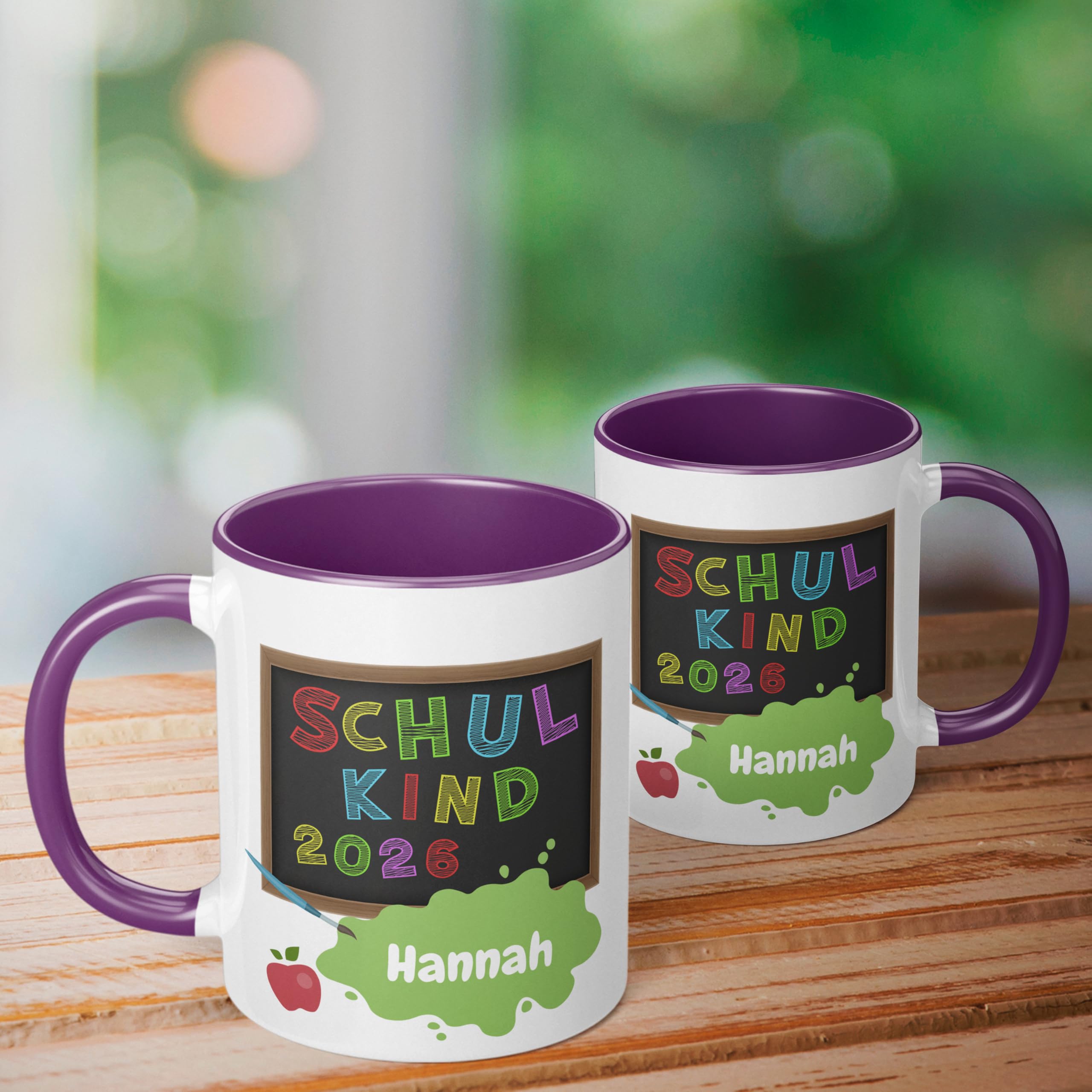 Geschenk zur Einschulung für Mädchen und Jungen: „Schulkind 2026“ - mit TAFEL-Motiv - personalisierte Tasse mit Namen für Erstklässler - kleines Geschenk für Schüler 1. Klasse, Violett