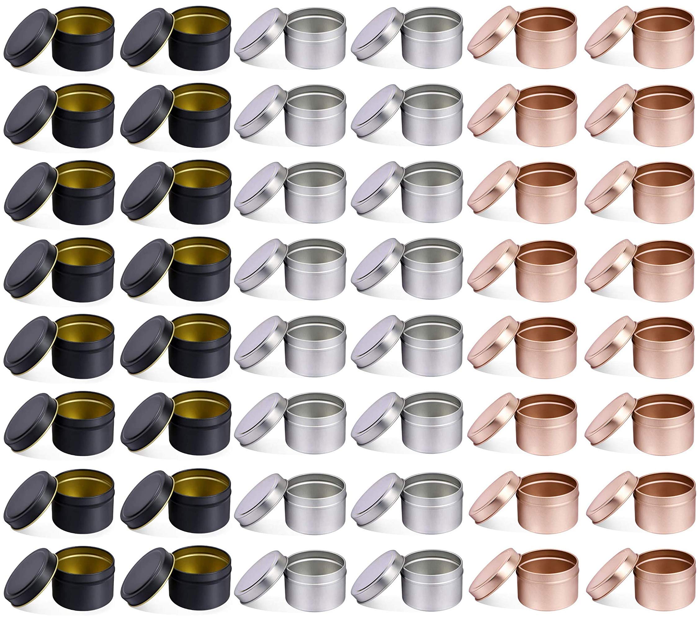 48PCS 5 OZ Tin Cans with Lids, Decorative Round Metal Candle Jars Bulk, Reusable Candle Containers for DIY Candle Making, Arts Crafts Supplies, Dry Storage,Party Favor(5OZ,16Black+16Silver+16RoseGold)