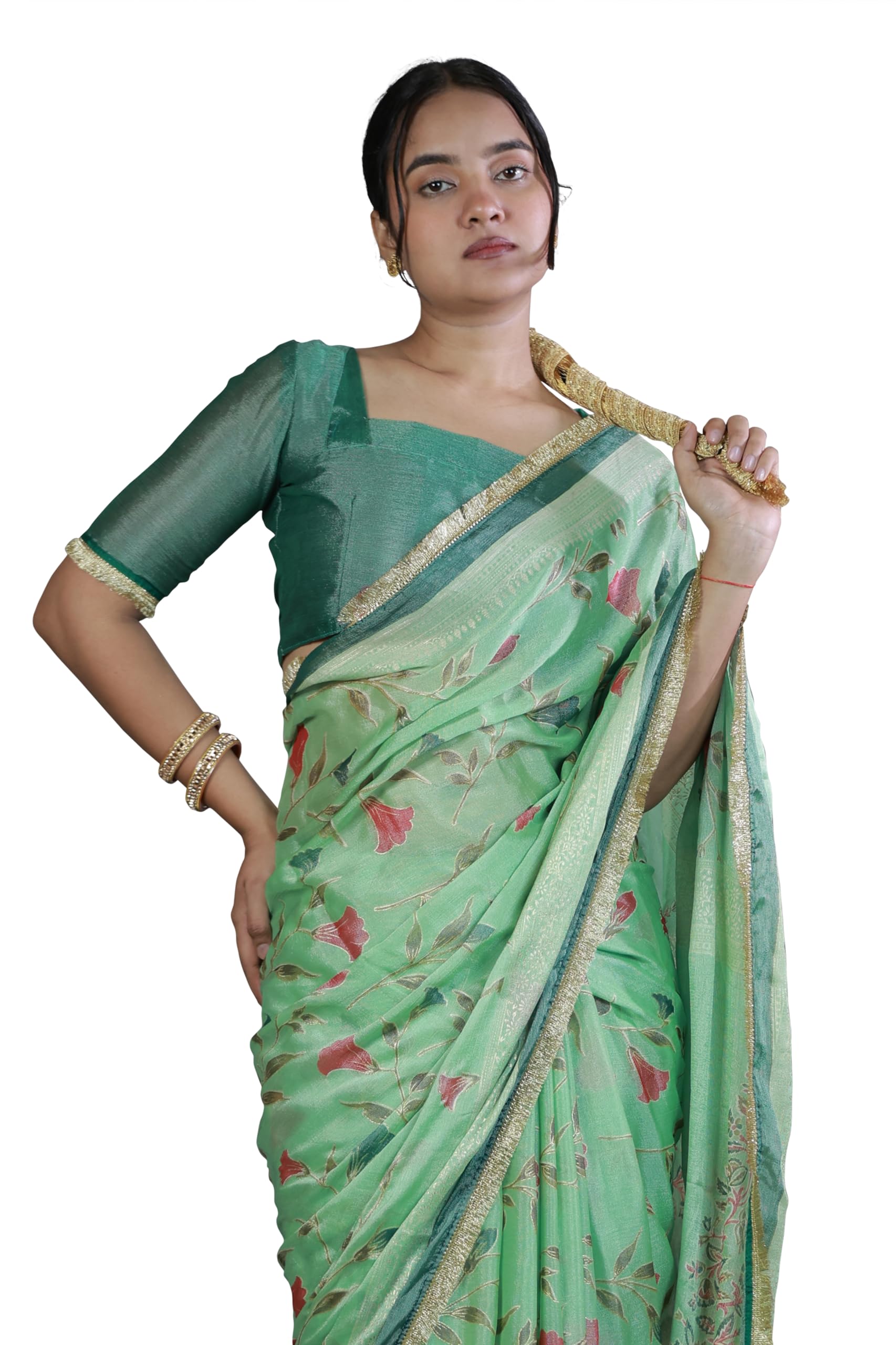 mirchi fashion Women's Chiffon Printed Foil Work Saree with Blouse Piece-picture-55
