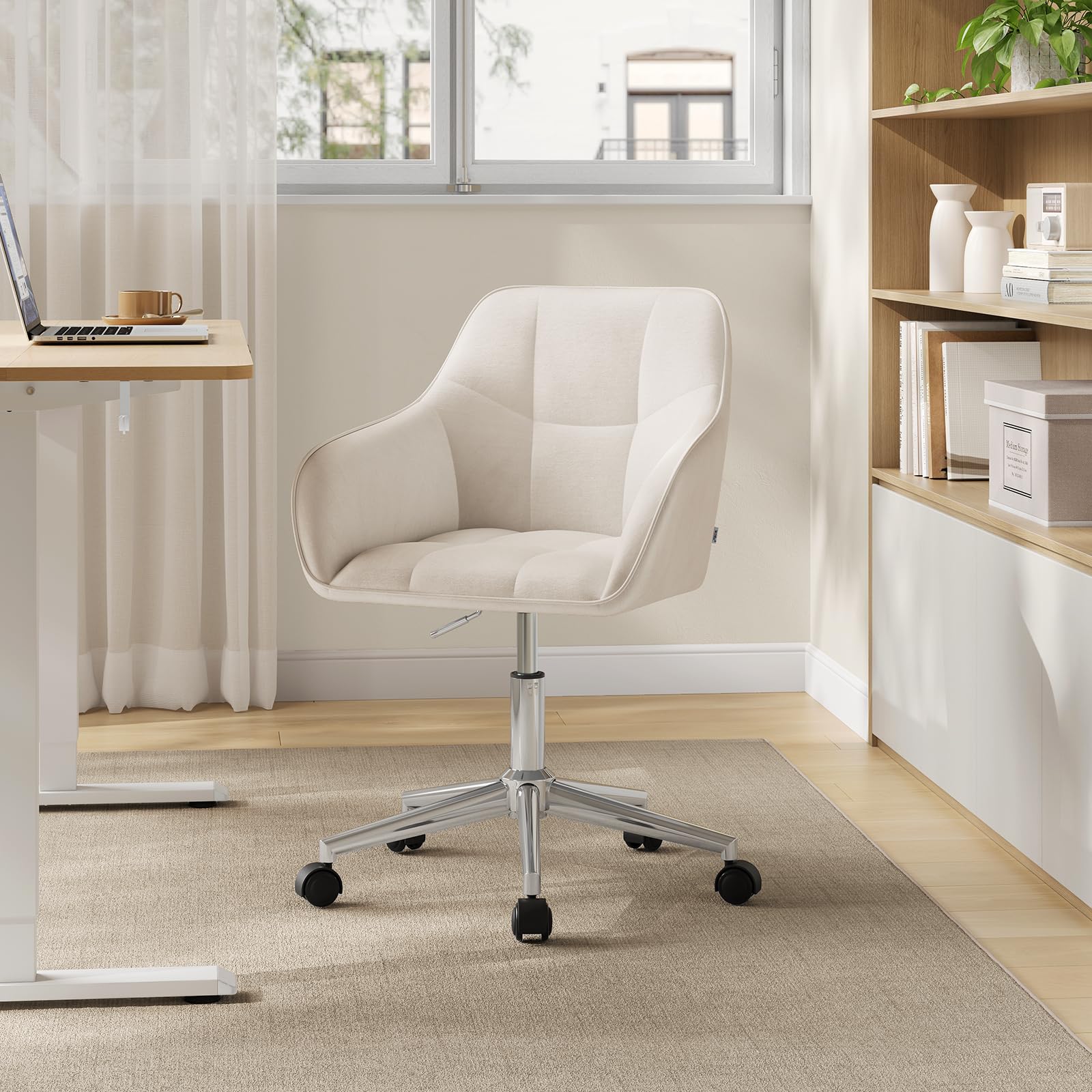 WOLTU Homeoffice Stuhl, Schreibtischstuhl, Drehstuhl, Schminkstuhl, höhenverstellbar, bis 150 kg belastbar, mit Armlehnen Samtsitz, für Schlafzimmer Büro Wohnzimmer, Beige