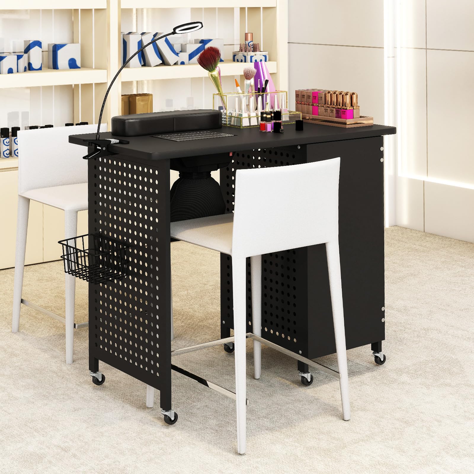 COSTWAY Tavolo Manicure con Aspiratore, Tavolo per Unghie con 6 Ruote Bloccabili, Sacchetti per Polvere, Armadio Chiudibile con 4 Vassoi, Poggiapolsi, Lampada LED e Cestino Metallico, 90x79x45cm