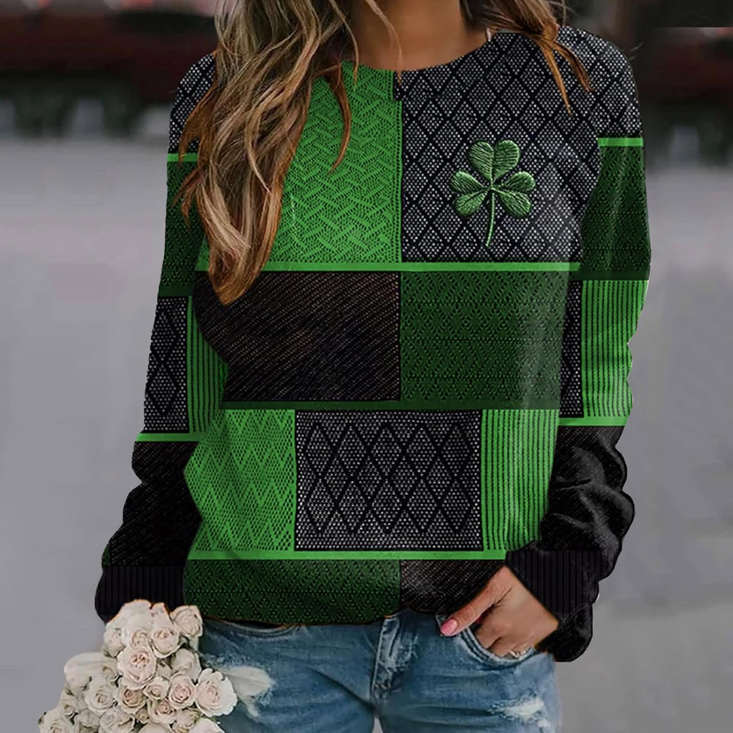 St Patricks Day Shirt Women Long Sleeve Graphic Sweatshirts Cute Crewneck Sweatshirt Plus Size Casual Pullover Tops