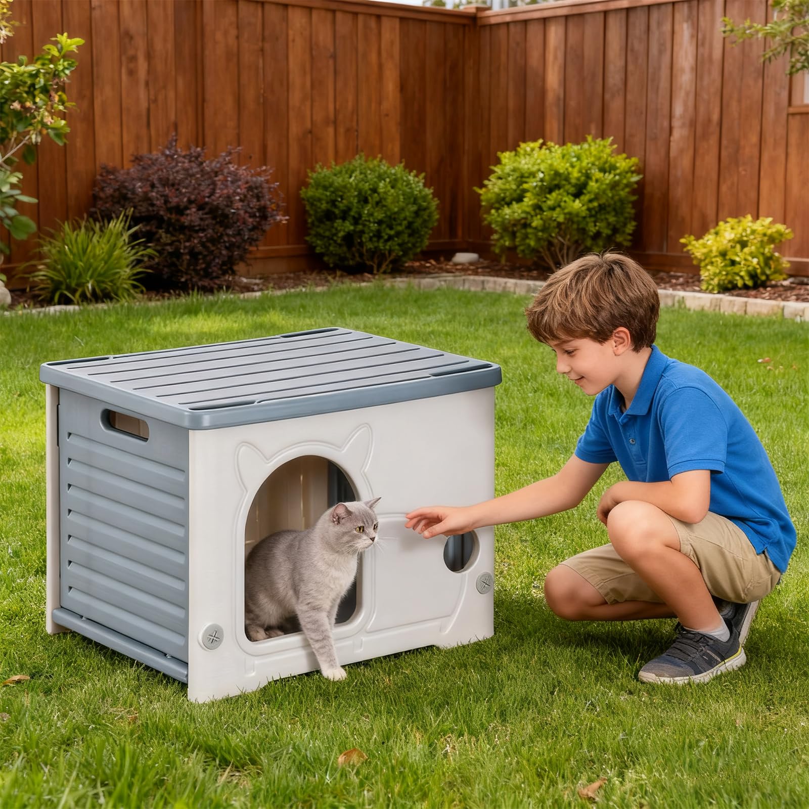 PETCUTE Maison de Chat en Plastique pour l'intérieur et l'extérieur,Résistante aux Intempéries,Maison pour Chats en Plastique,Imperméable,Abri pour Chat Sauvage,pour Toutes Les Saisons,Gris