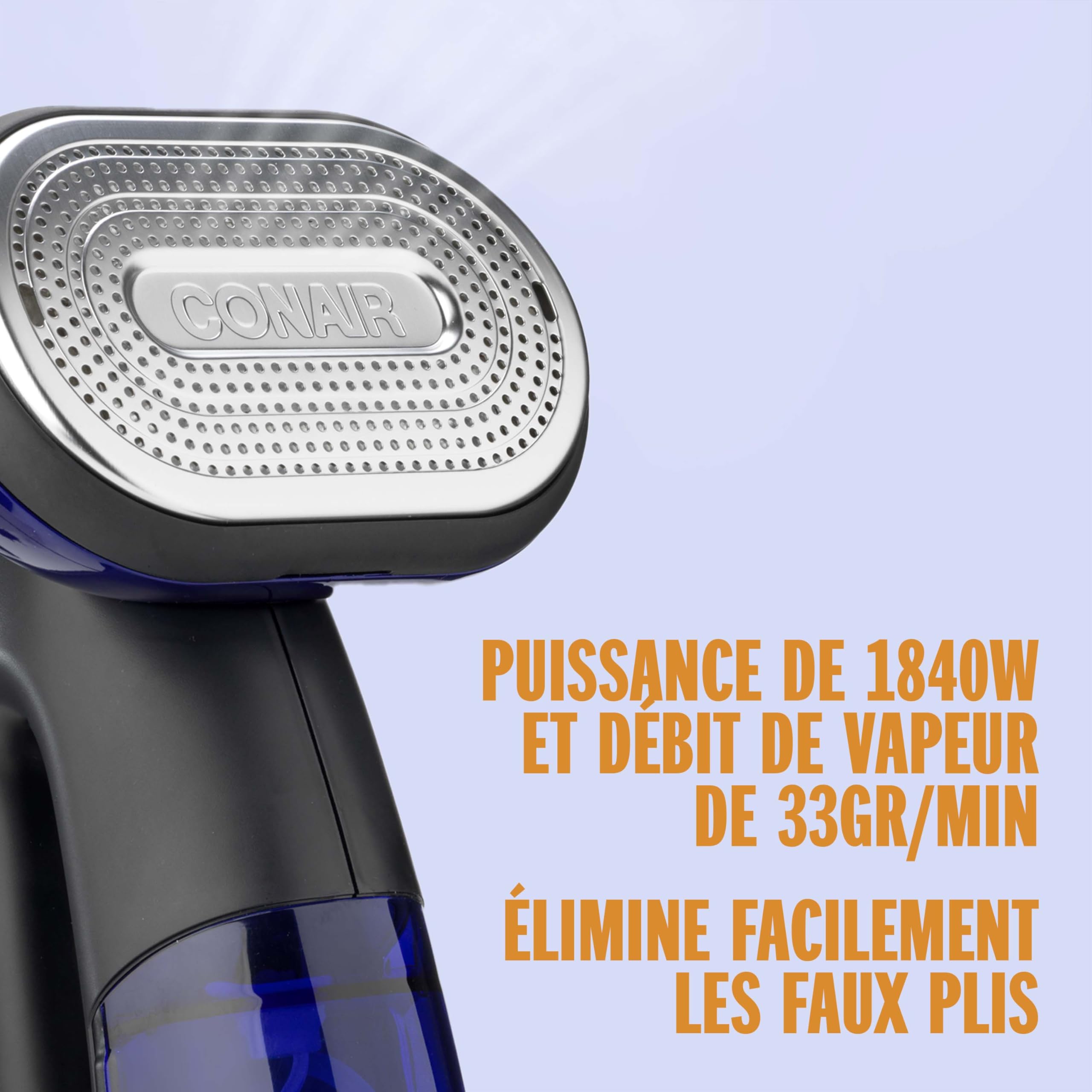 Conair-GS108E-Défroisseur & fer à repasser à vapeur portable-Steam & Iron Turbo 2en1-1840W-Prêt en 10 secondes-4 réglages de vapeur avec fonction Turbo pour tous types de textile-4 accessoires inclus