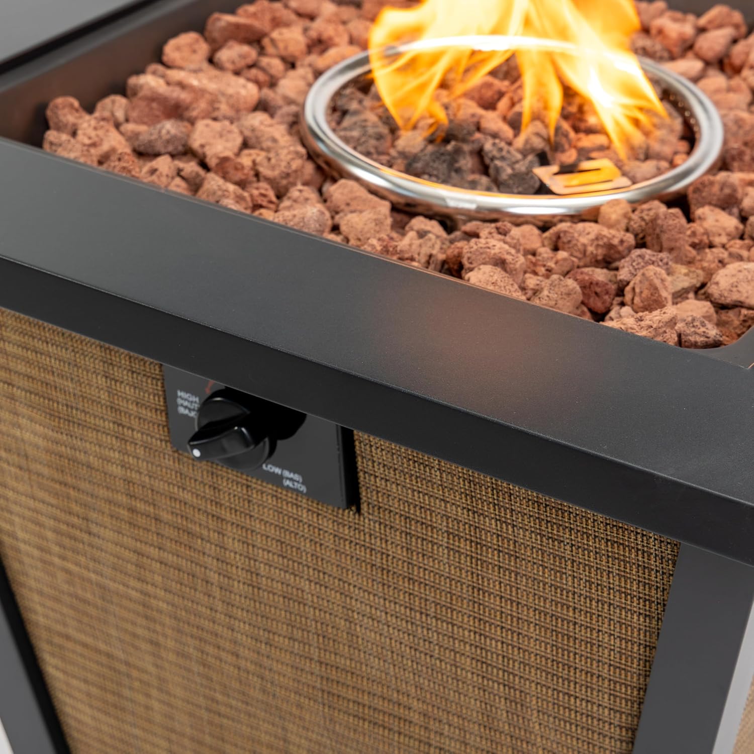 Propane Fire Pit Table, 28" Firepits for Outside, Gas Fire Pit for Outside Patio, Propane Fire Table with Rain Cover for Patio, Deck, 50000BTU, Tank Inside, Tank Not Included, Black+Brown