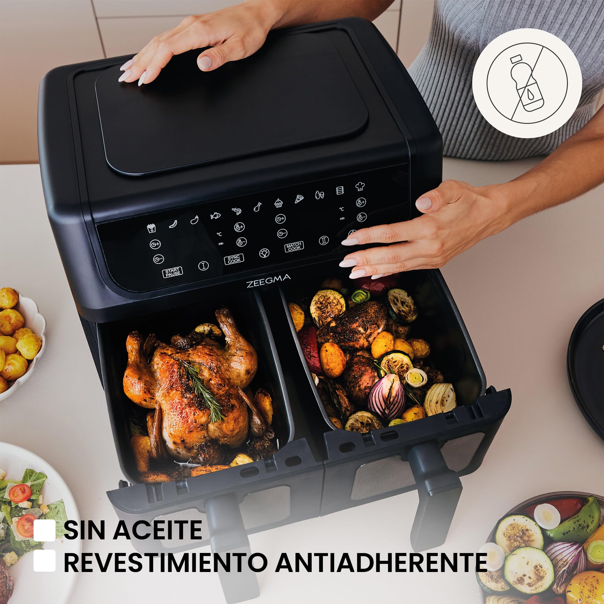 ZEEGMA KNAPPER DUAL Freidora de Aire Con Compartimento Doble 1700 W, 2 Compartimentos, 9 L de Capacidad, 11 Programas, Temperatura 60-200 °C Calentamiento Instantáneo 60 s Panel táctil