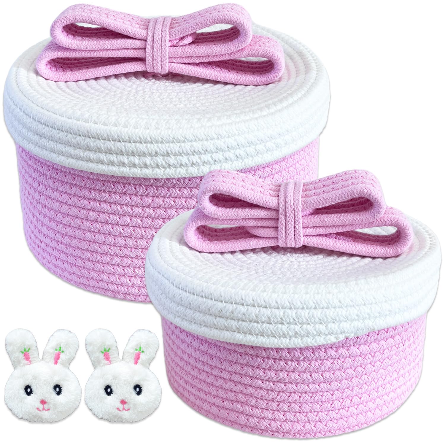 Cute Storage Baskets with Lids, Small Round Woven Rope Basket with Lid, Small Toy Box for Kids or Cat, Cute Basket for Gift, Decorative Basket with Chic Bow Handle, Pink