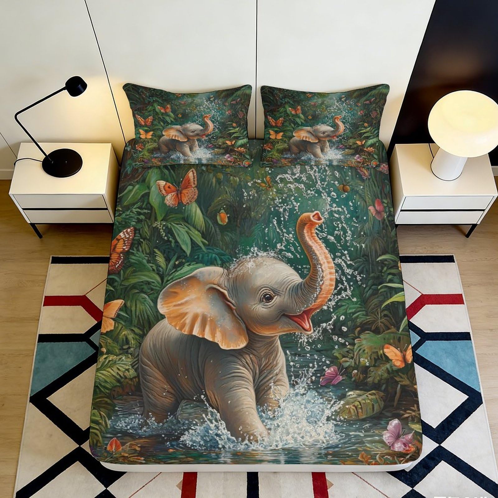 3D Printed Elephant and Butterfly Fitted Sheet Microfiber Soft Breathable Jungle Scene Bed Cover for Bedroom Dormitory Guest Room Mattress Protection Decor 160x200x25cm