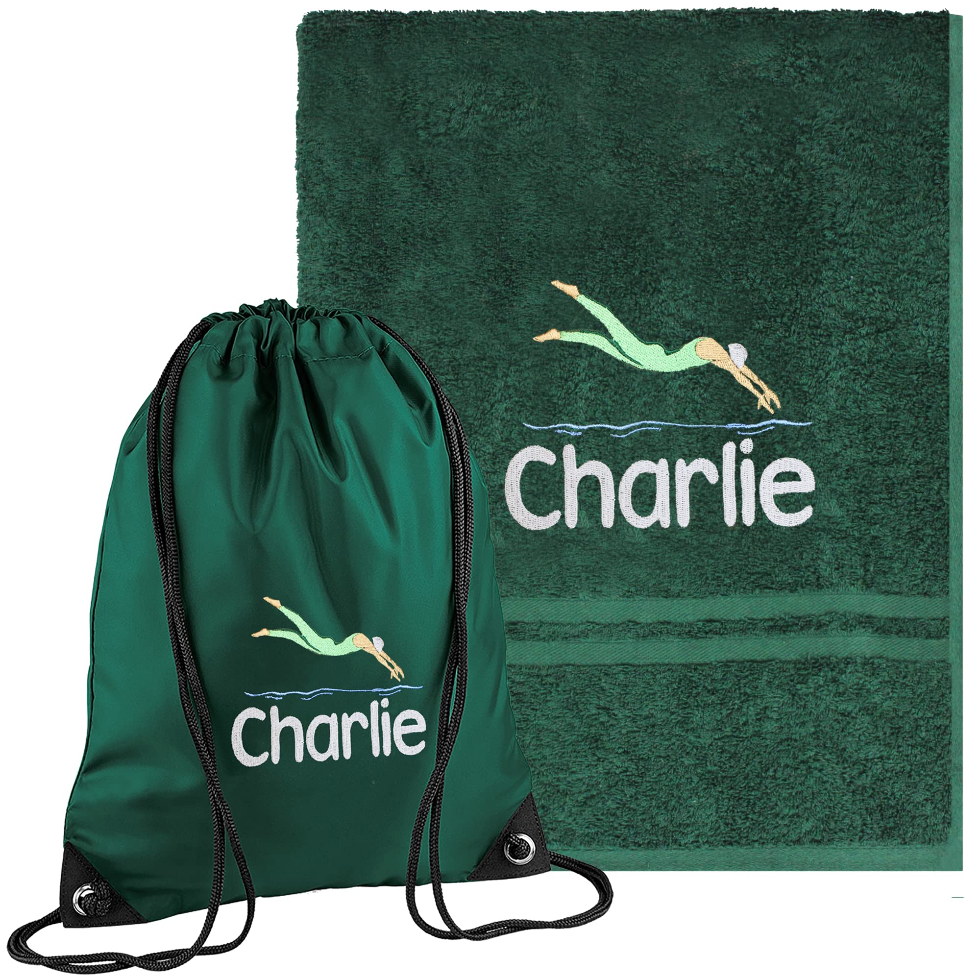 TeddyT's Personalised Children's Swimming Towel & Forest Green Gym Bag Set