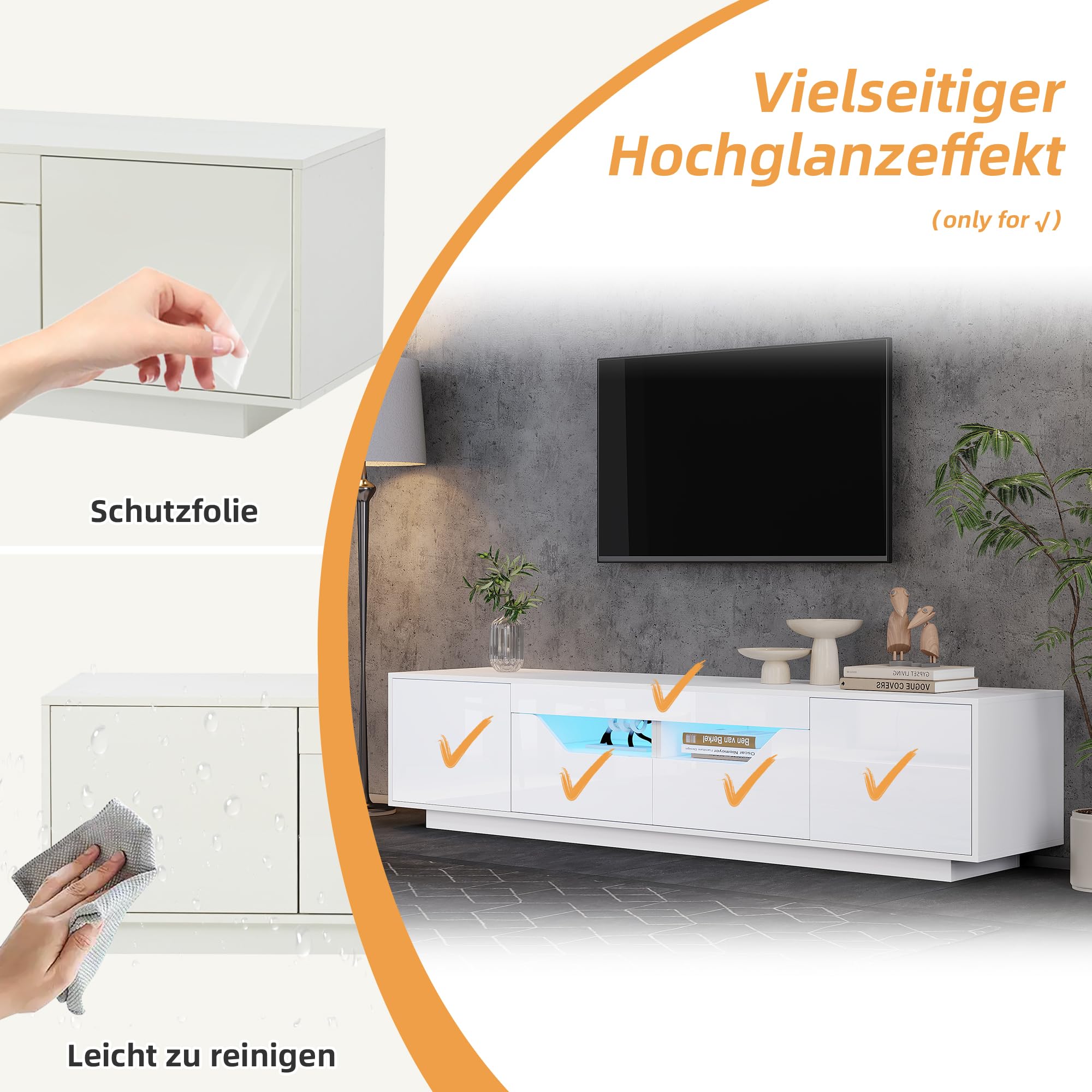 BTM 180x40x45cm Standfernsehschrank, Lowboard Mit 2 Schubladen und 2 Schränken,Hochglanz-TV-Schrank mit LED-Leuchten,TV-Board, Fernsehtisch,Geeignet für 75-Zoll-Fernseher,Weiß