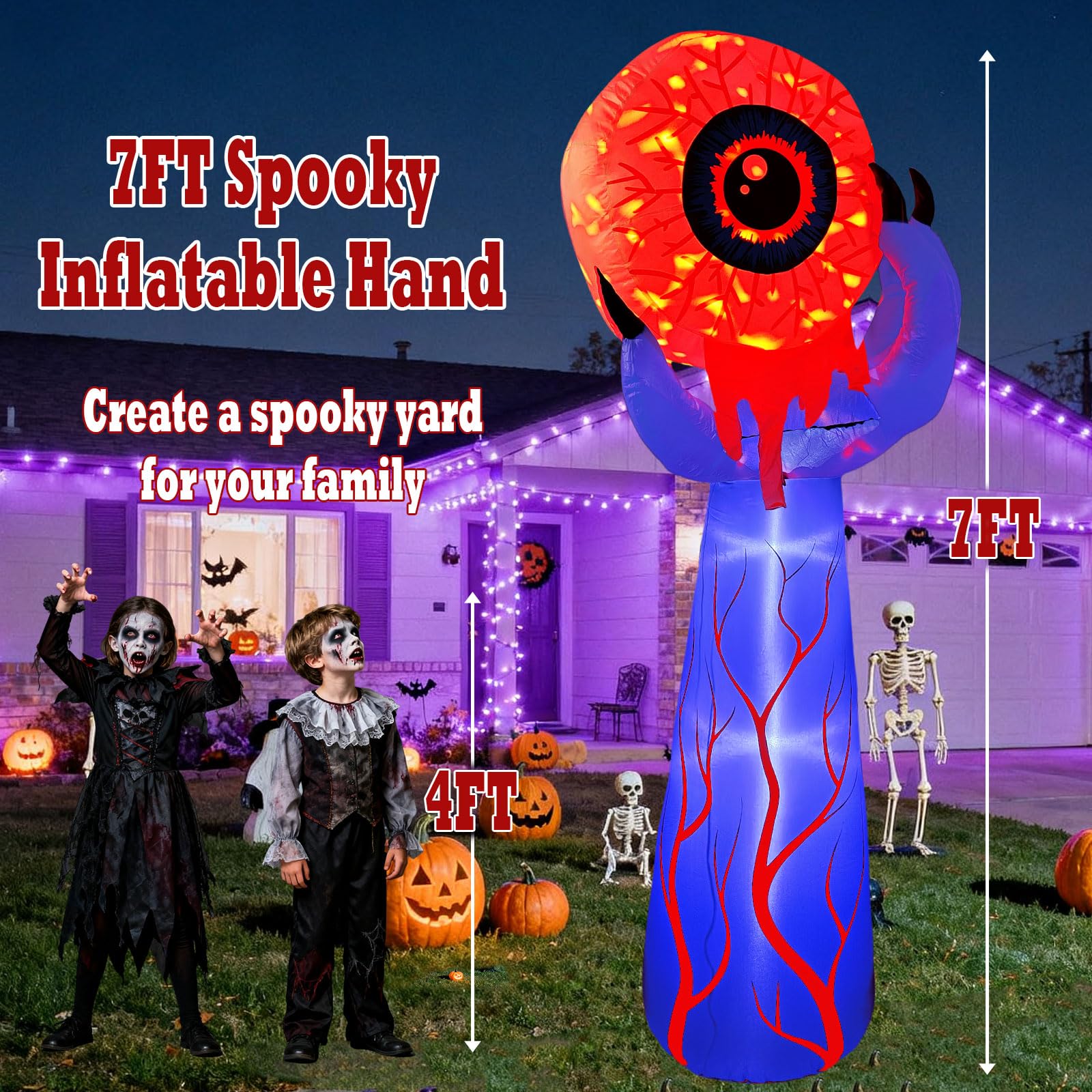 Halloween nadmuchiwane fioletowe dłoń potwora z krwawą gałką oczną - płomień LED, dekoracja na podwórko, upiorne dmuchanie na rekwizyty na imprezę nawiedzonego domu, dekoracja na Halloween